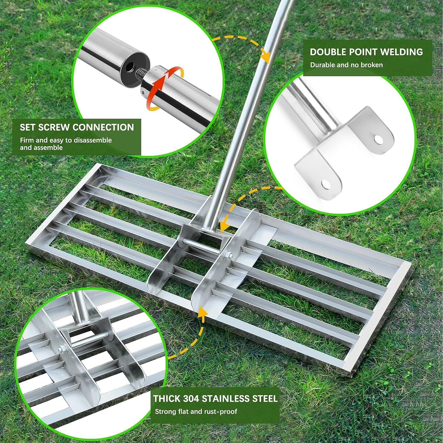 Opmeiro Rastrillo de nivelación de césped, herramienta de nivel de césped de acero inoxidable de 30 x 10 pulgadas con mango extra largo ajustable de