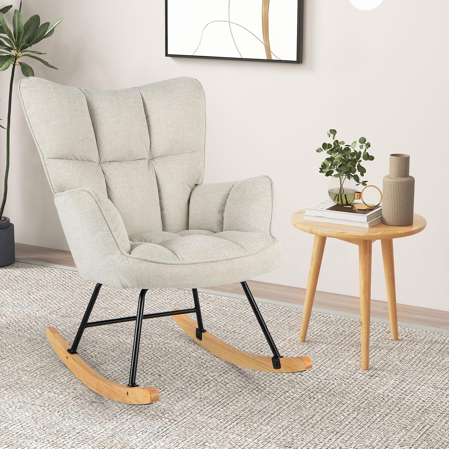 Giantex Mecedora para guardería, sillón moderno con respaldo alto, marco de metal sólido y madera, silla mecedora tapizada de lino para guardería,