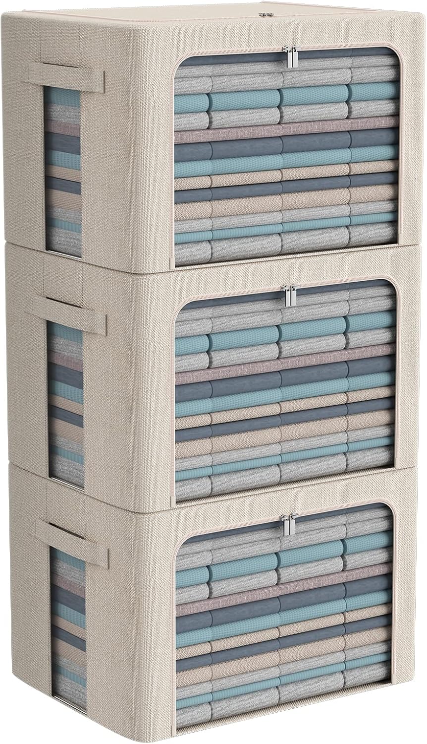 Paquete de 3 contenedores plegables de almacenamiento, caja de almacenamiento de tela de lino, apilable, organizador de ropa con ventana