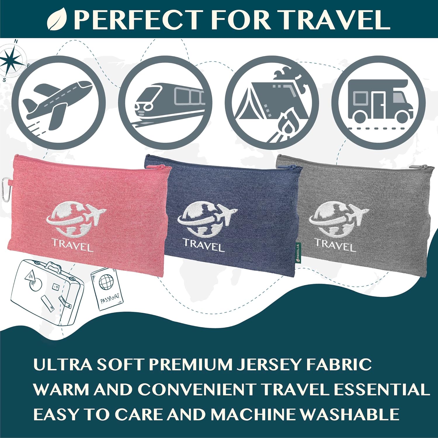 PAVILIA Manta y almohada de viaje suave y compacta, manta plegable de avión en bolsa, juego de manta de vuelo portátil ligera con correa de