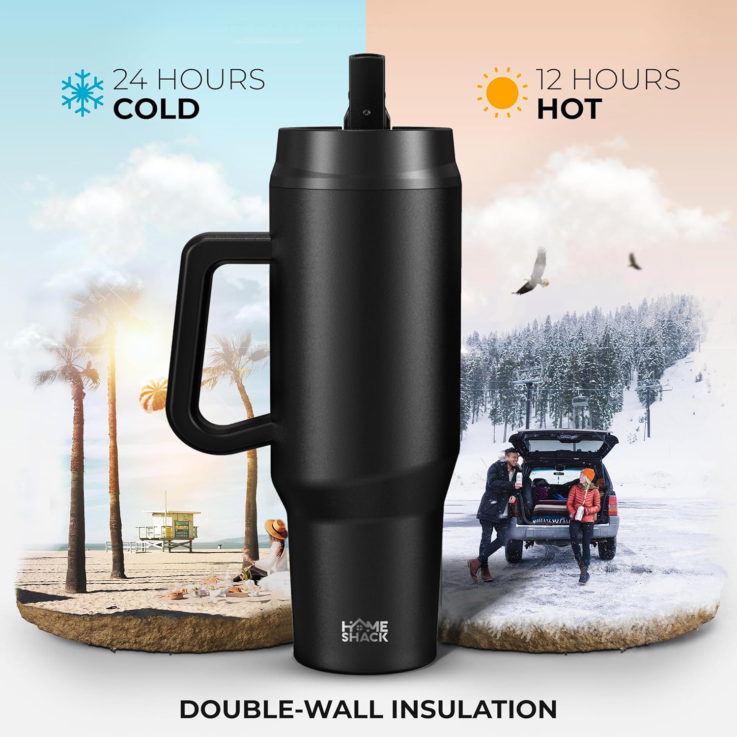 HOMESHACK Vaso de 40 onzas con asa y tapa plegable con popote  Botella de agua de acero inoxidable aislada a prueba de fugas  Taza de viaje para