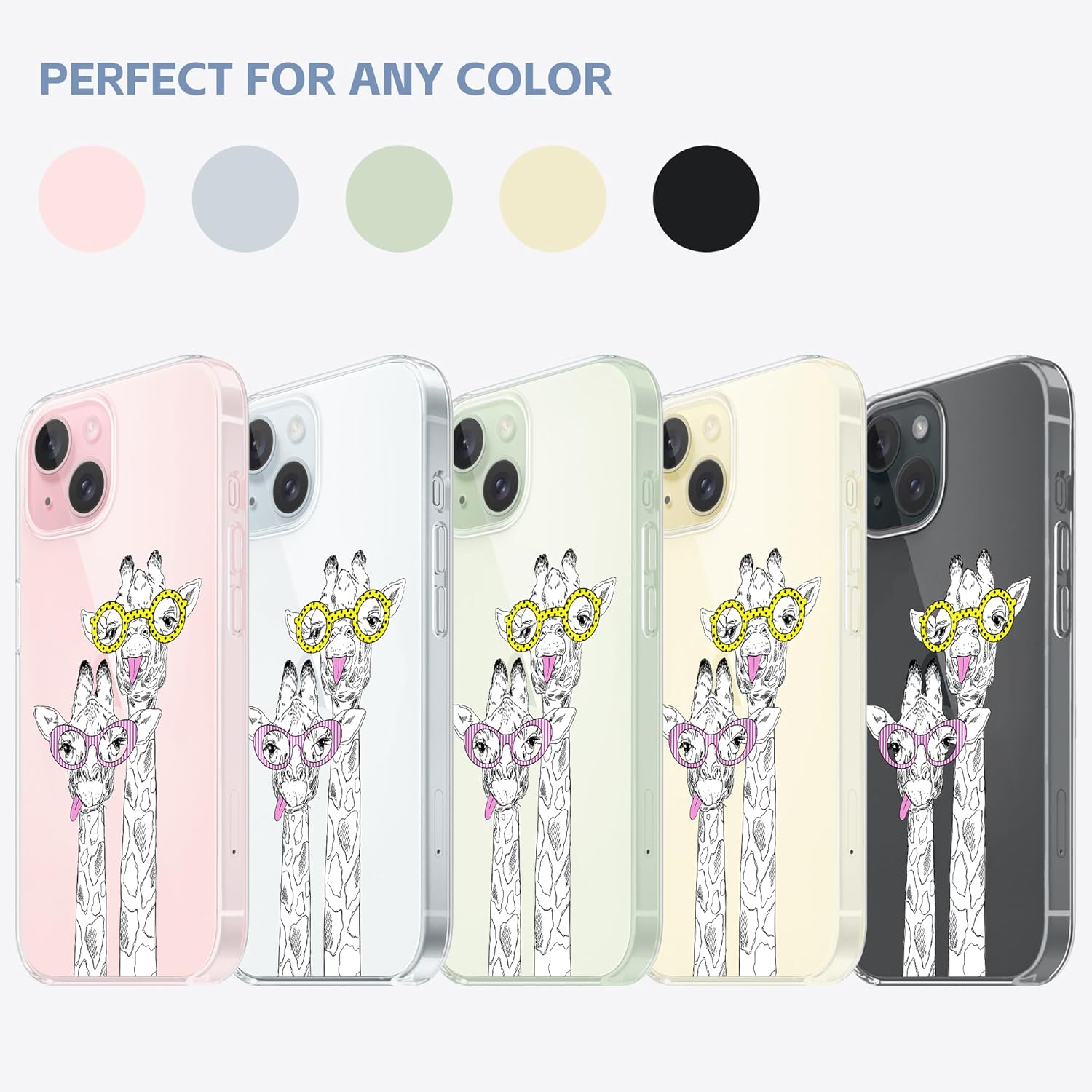 Funda transparente de jirafa con gafas diseñada para iPhone 15 Plus, TPU suave a prueba de golpes, funda protectora transparente para mujeres y
