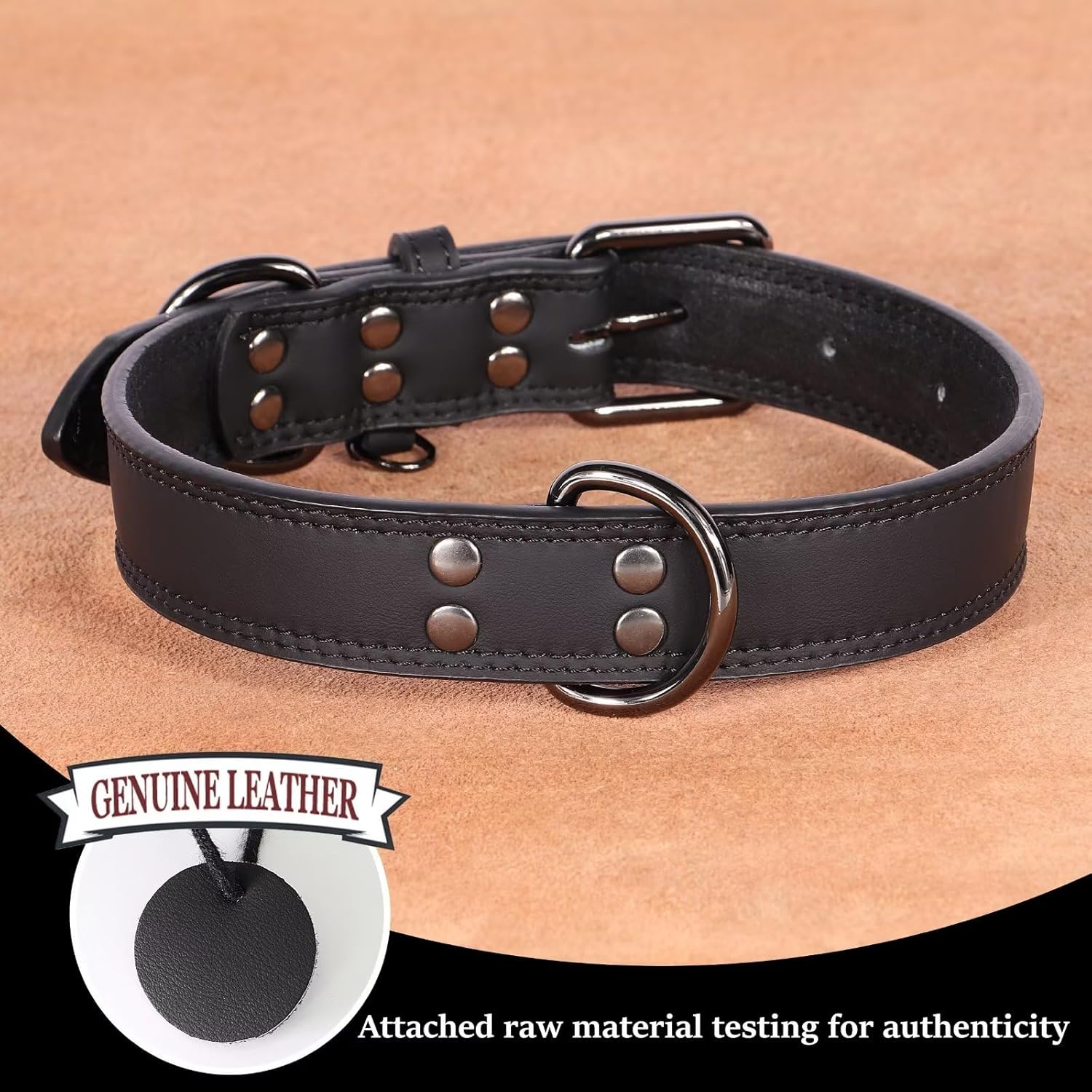 Didog Collar de perro de cuero genuino, duradero y suave, resistente con anillos dobles en D, collar de perro negro ajustable con hebilla de metal