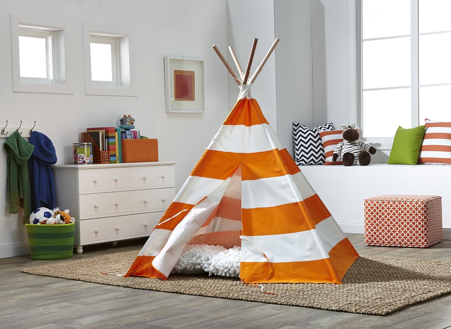 Tienda tipi para niños, naranja con rayas blancas