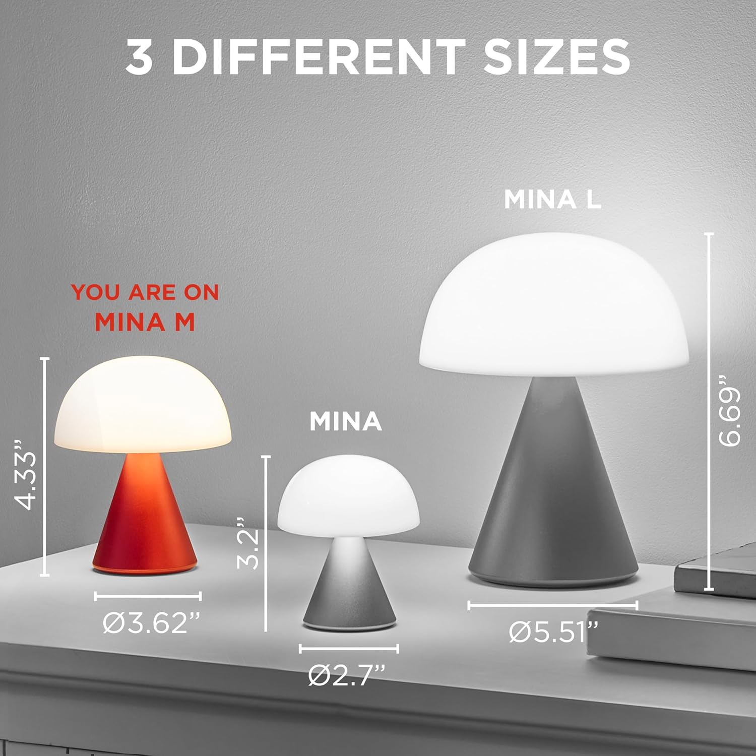 Lexon Mina M – Lámpara de noche LED, inalámbrica y recargable, aluminio pulido, mediano, color rojo oscuro