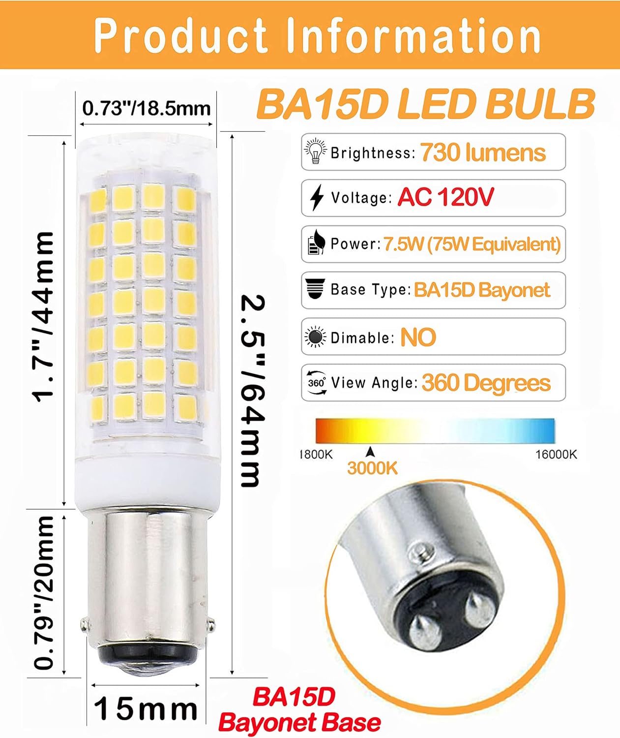 BA15D Bombillas LED de 6 W regulables 120 V, base de bayoneta de doble contacto B15, blanco cálido suave 3000 K, 60 W tipo JD equivalente a halógeno