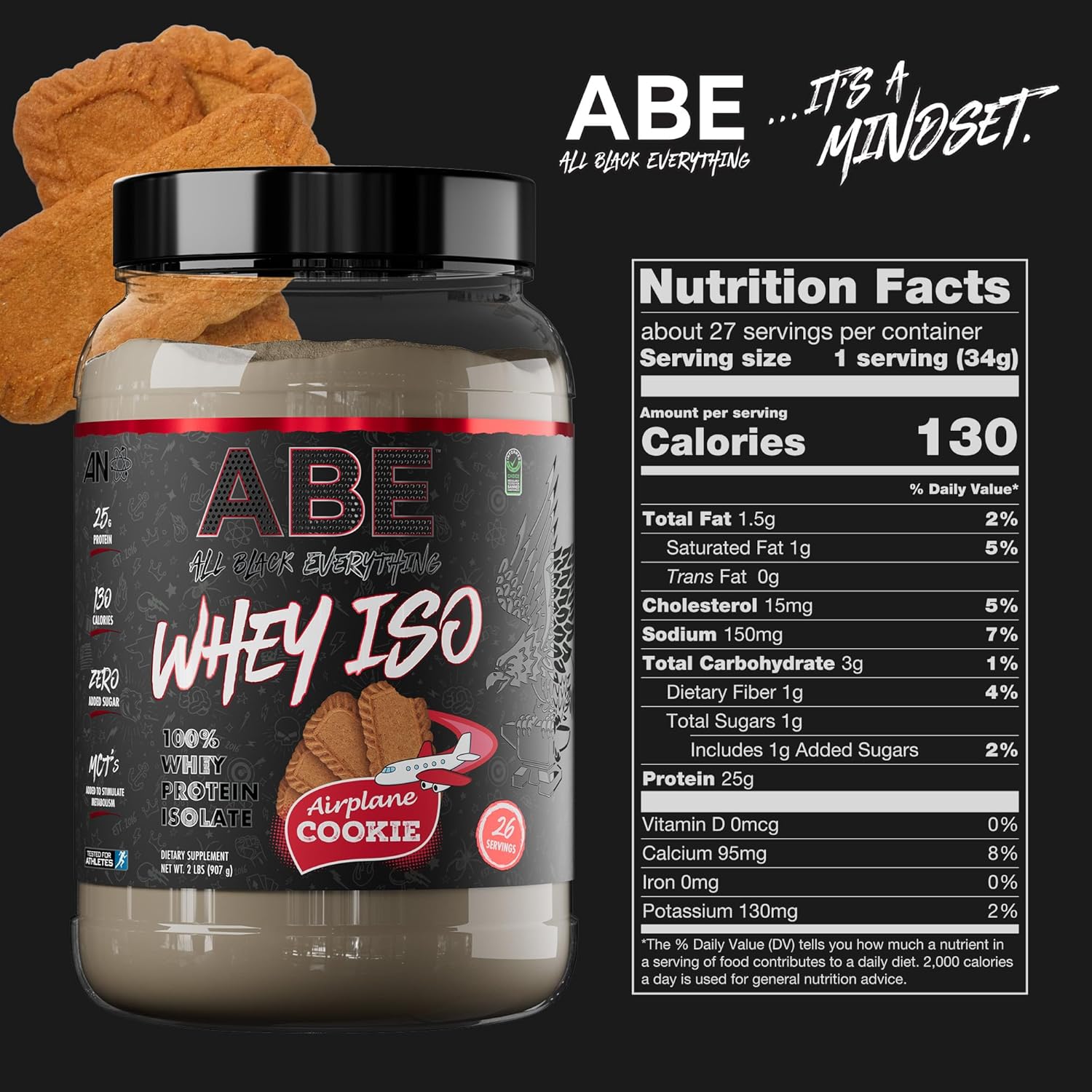 ABE Whey ISO – All Black Everything 100% aislado de proteína de suero con trozos de golosinas de avión de azúcar marrón  Después del entrenamiento,