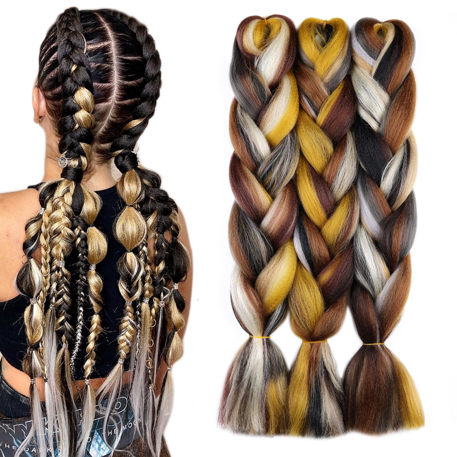 Maysa Cabello trenzado colorido de 24 pulgadas, color negro y marrón, extensiones de cabello trenzado ombré, extensiones preestiradas para niñas, 3