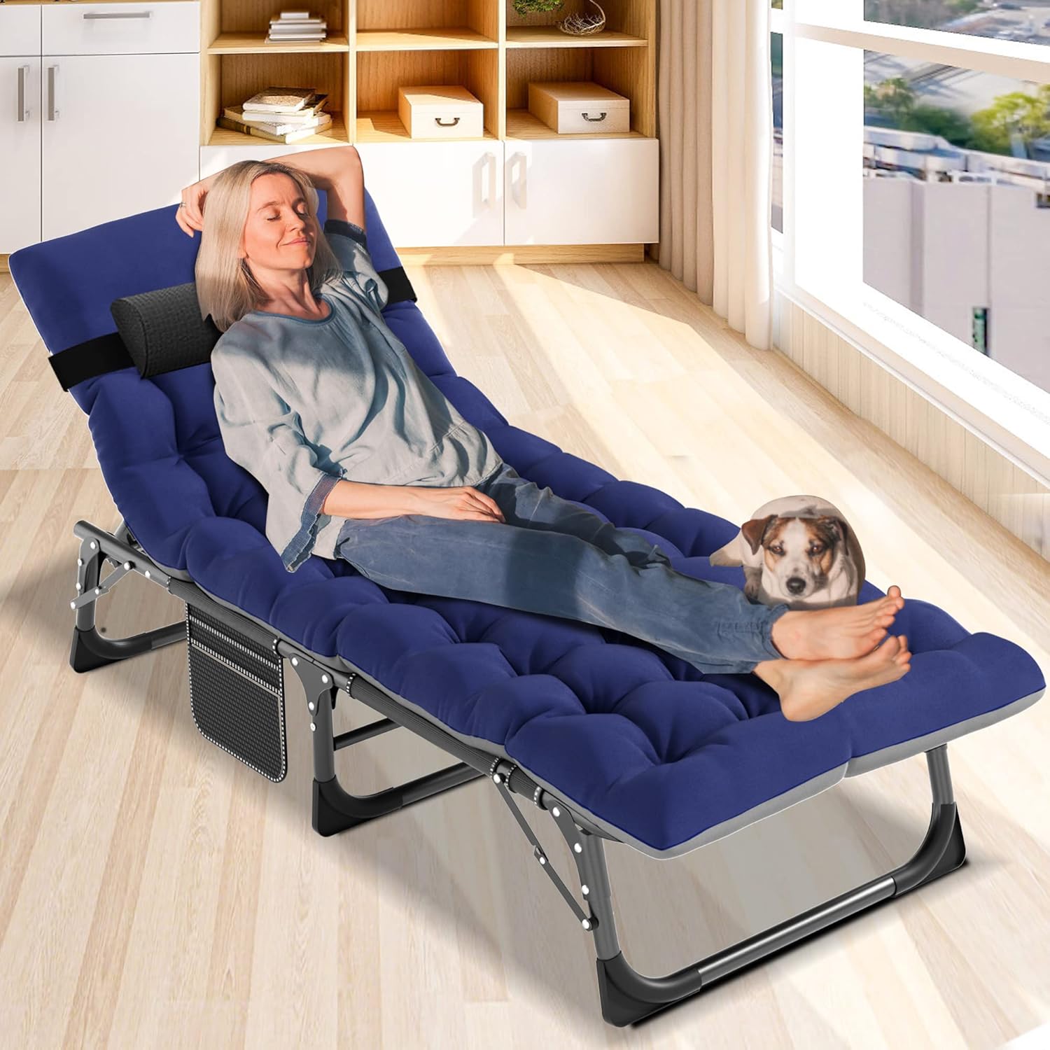 NAIZEA Sillón plegable para exteriores, catre plegable 3 en 1 con colchón, sillas reclinables de patio de 4 posiciones, silla reclinable plegable