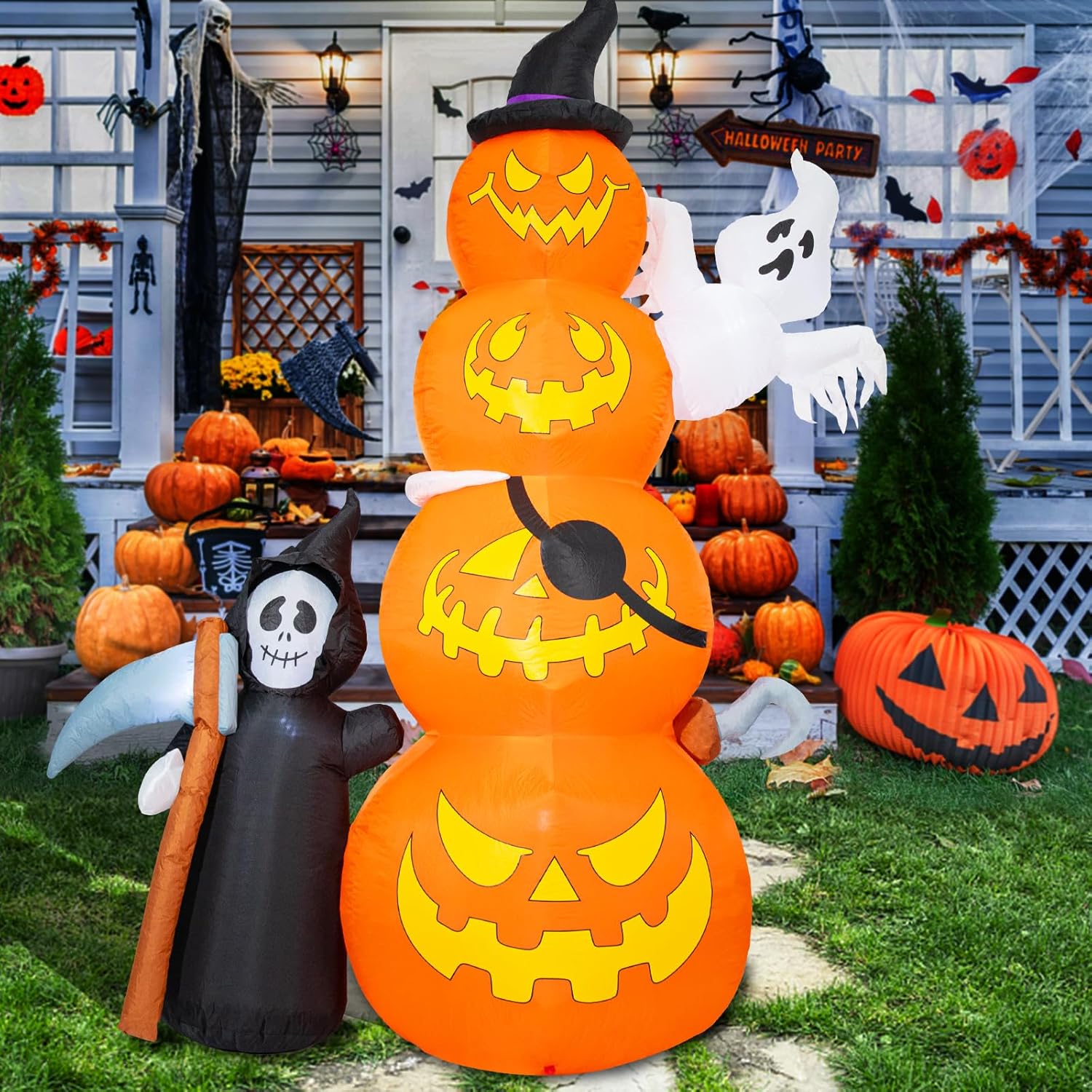 Decoraciones inflables de Halloween de 8.5 pies de alto para exteriores, calabazas inflables gigantes con fantasma y parca inflable de Halloween con