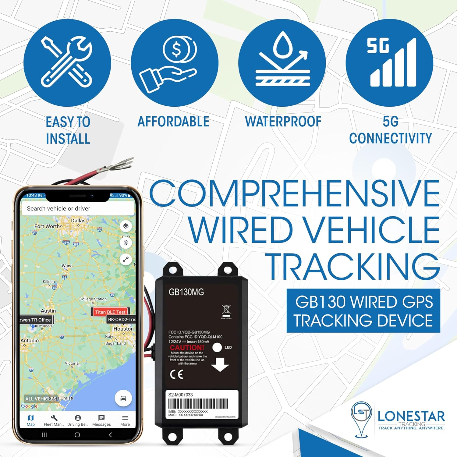 LoneStar Tracking GB130 – Rastreador GPS con cable para vehículos, 4G5G Cat M1, dispositivo de seguimiento para automóvil, localizador GPS en tiempo