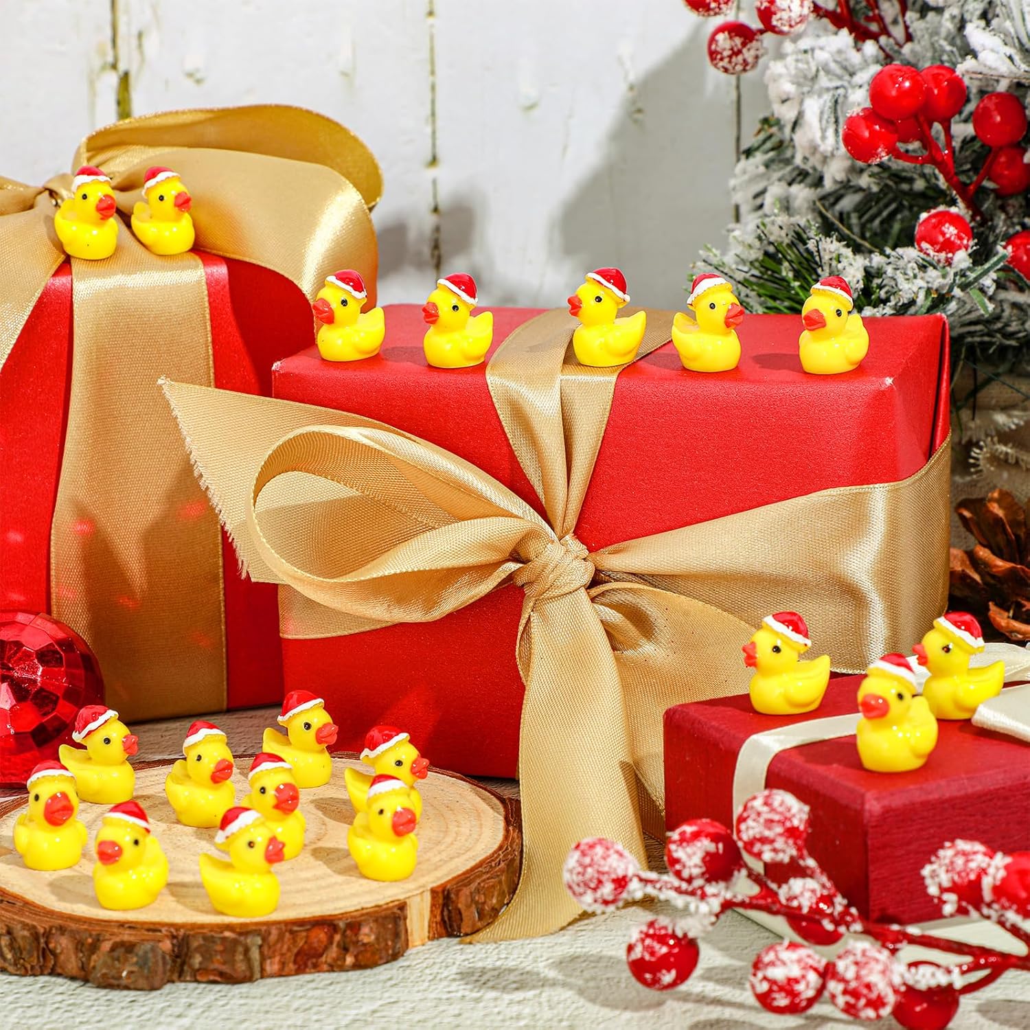 Fumete 200 piezas de mini patos de resina de Navidad, pequeñas figuras de pato en miniatura, sombrero de Navidad, pato, micro paisaje, jardín,
