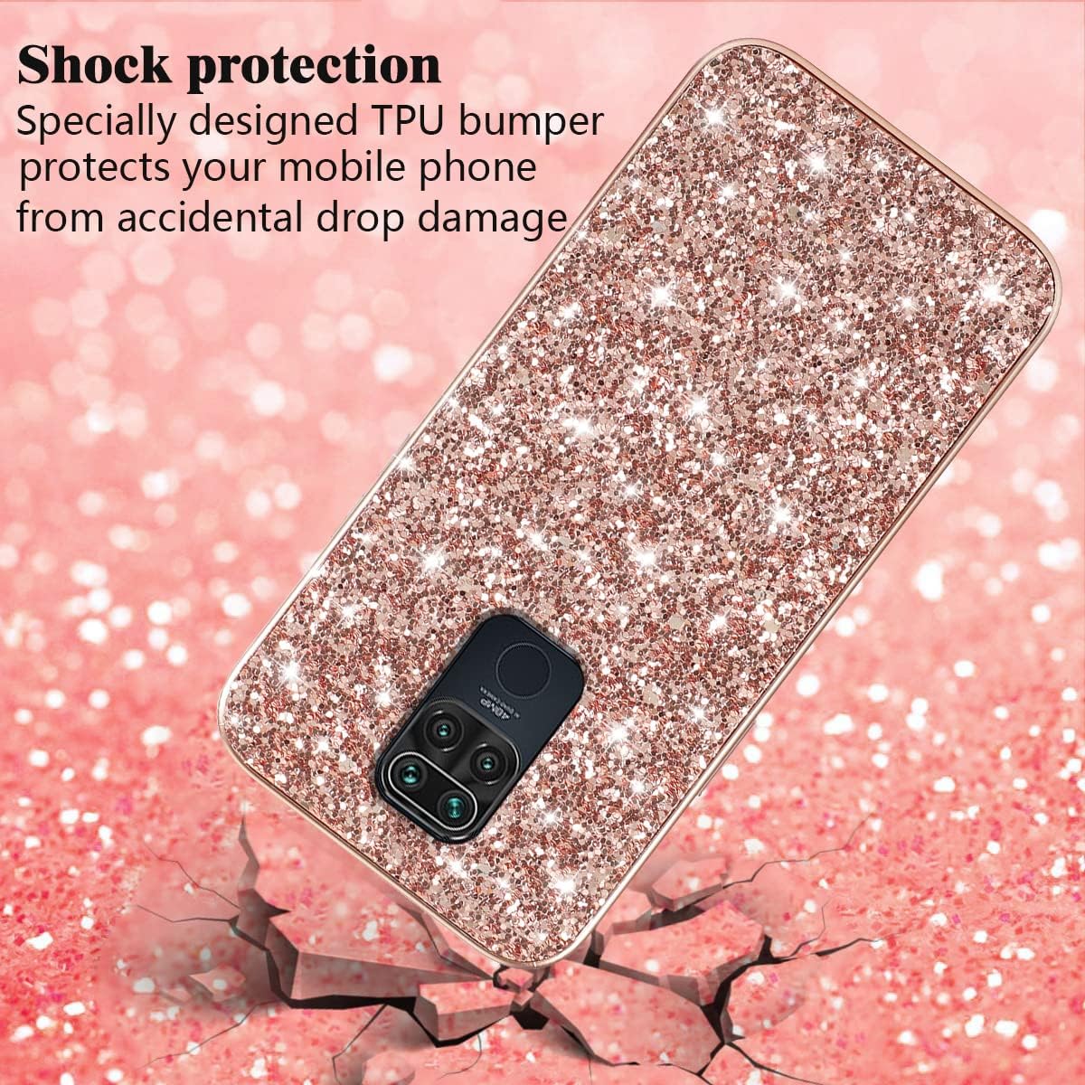 Funda compatible con Xiaomi Redmi Note 9 con purpurina a prueba de golpes, Redmi Note 9, funda protectora delgada de TPU suave y policarbonato de