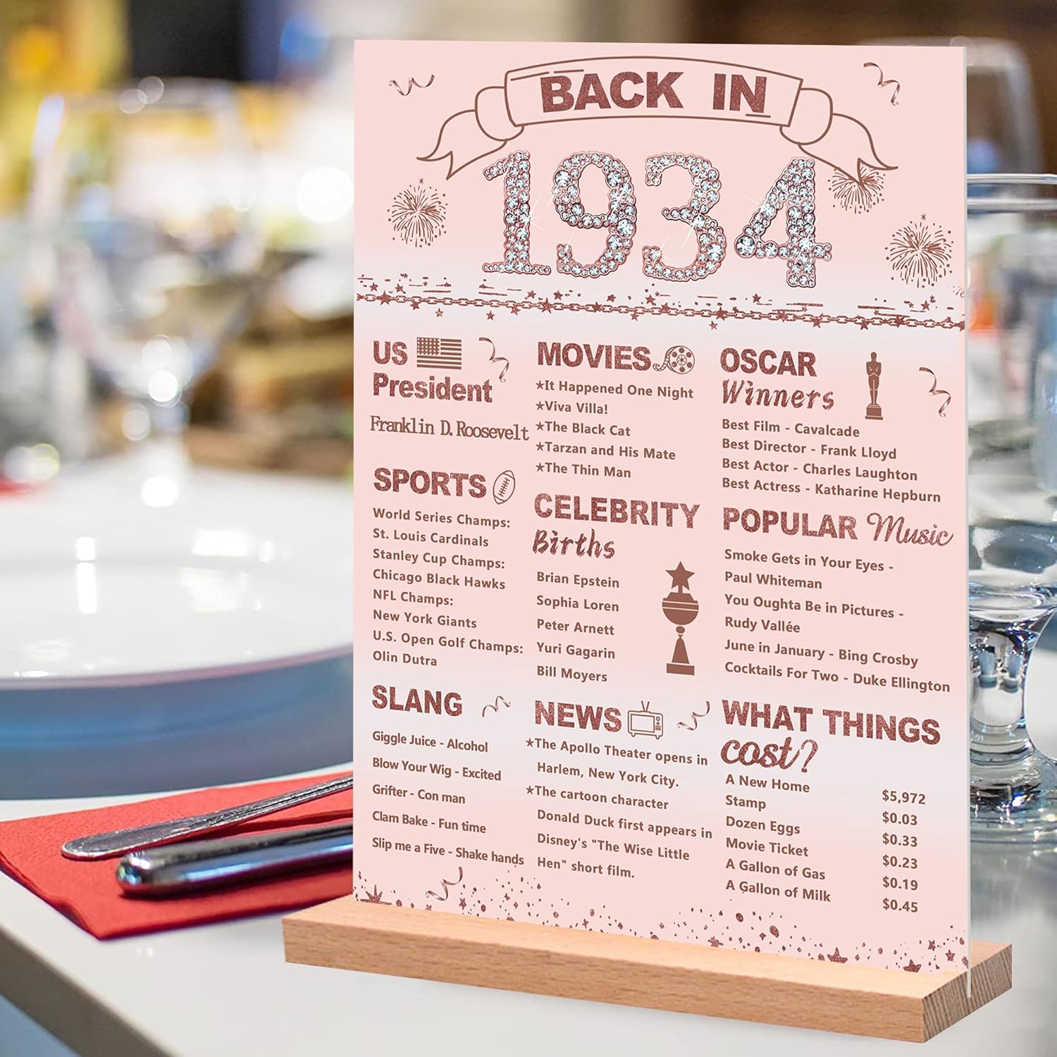DARUNAXY Decoraciones de fiesta de cumpleaños número 90 de oro rosa, póster grande de acrílico con soporte para mujeres que saludan a 90 años,
