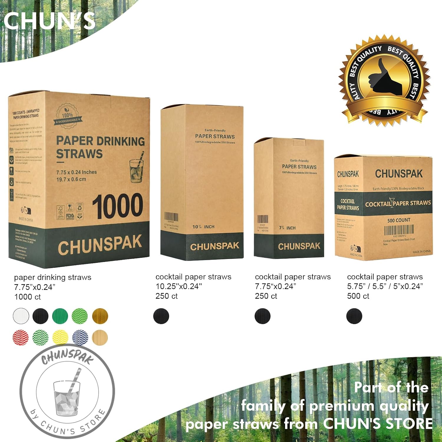 Chunspak Pajitas de cóctel desechables de papel negro de 10 pulgadas de largo, 250 unidades, sin envolver, para bebidas altas, bares y restaurantes