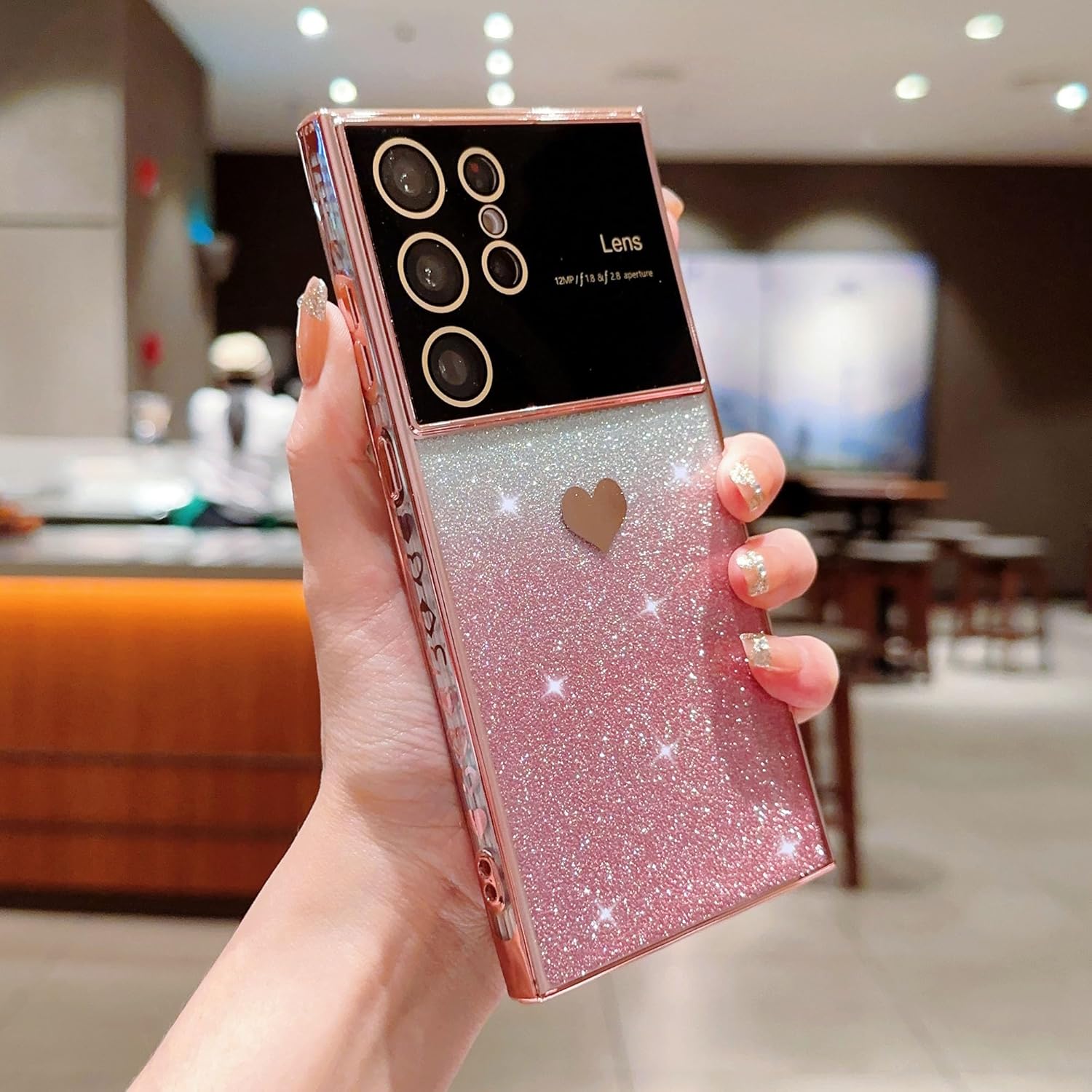 phylla Funda protectora suave a prueba de golpes para Samsung Galaxy S22 Ultra 0.18 oz con corazón degradado con purpurina y patrón lateral,