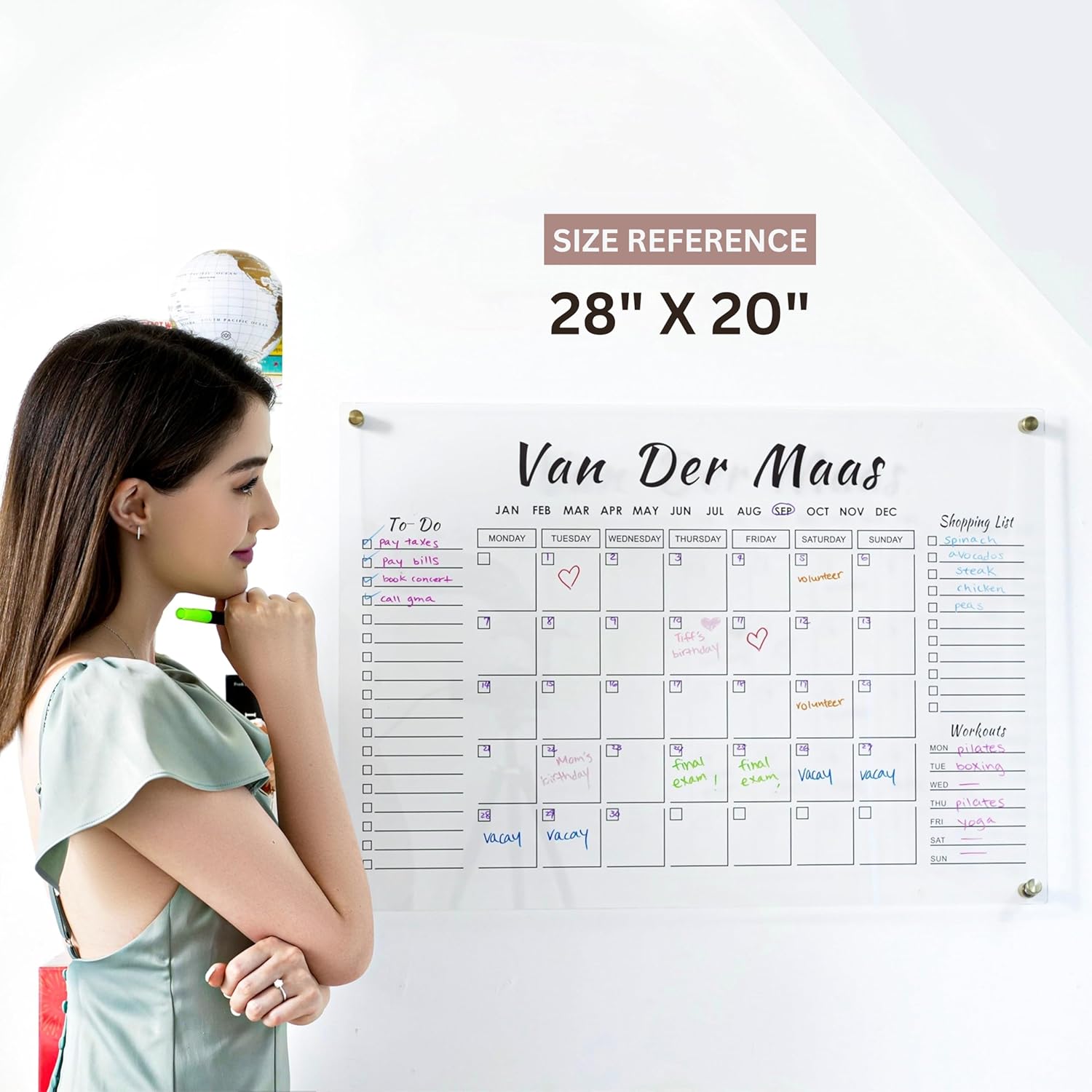 Calendario de pared acrílico personalizado de alta calidad, plexiglás seco y borrable  Diseño acrílico ultra claro con nombre de familia acrílico