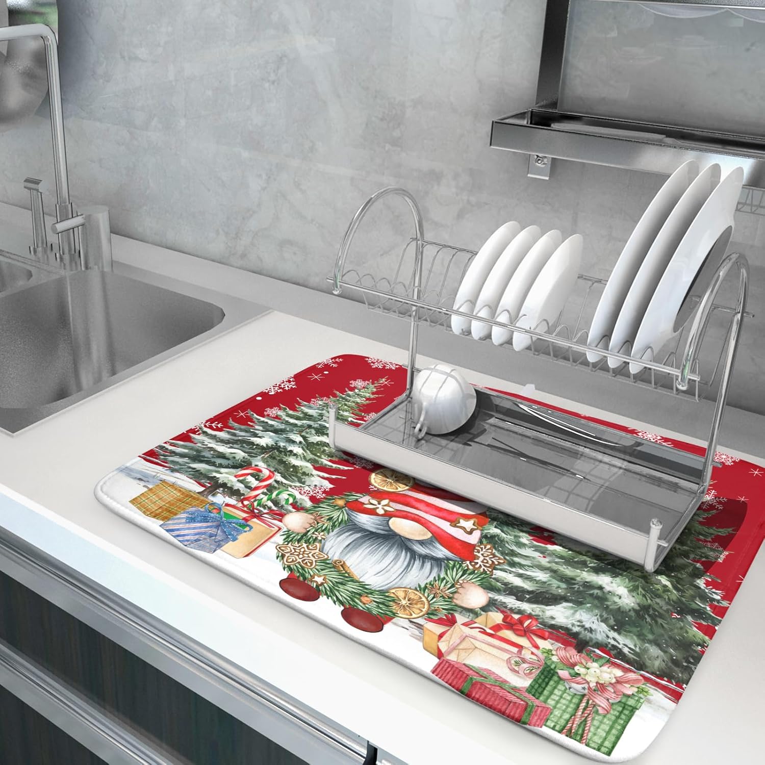 Tapete de secado de platos de Navidad para encimera de cocina, tapete de secado de platos de Feliz Navidad, 18 x 24 pulgadas, gnomos de Navidad,