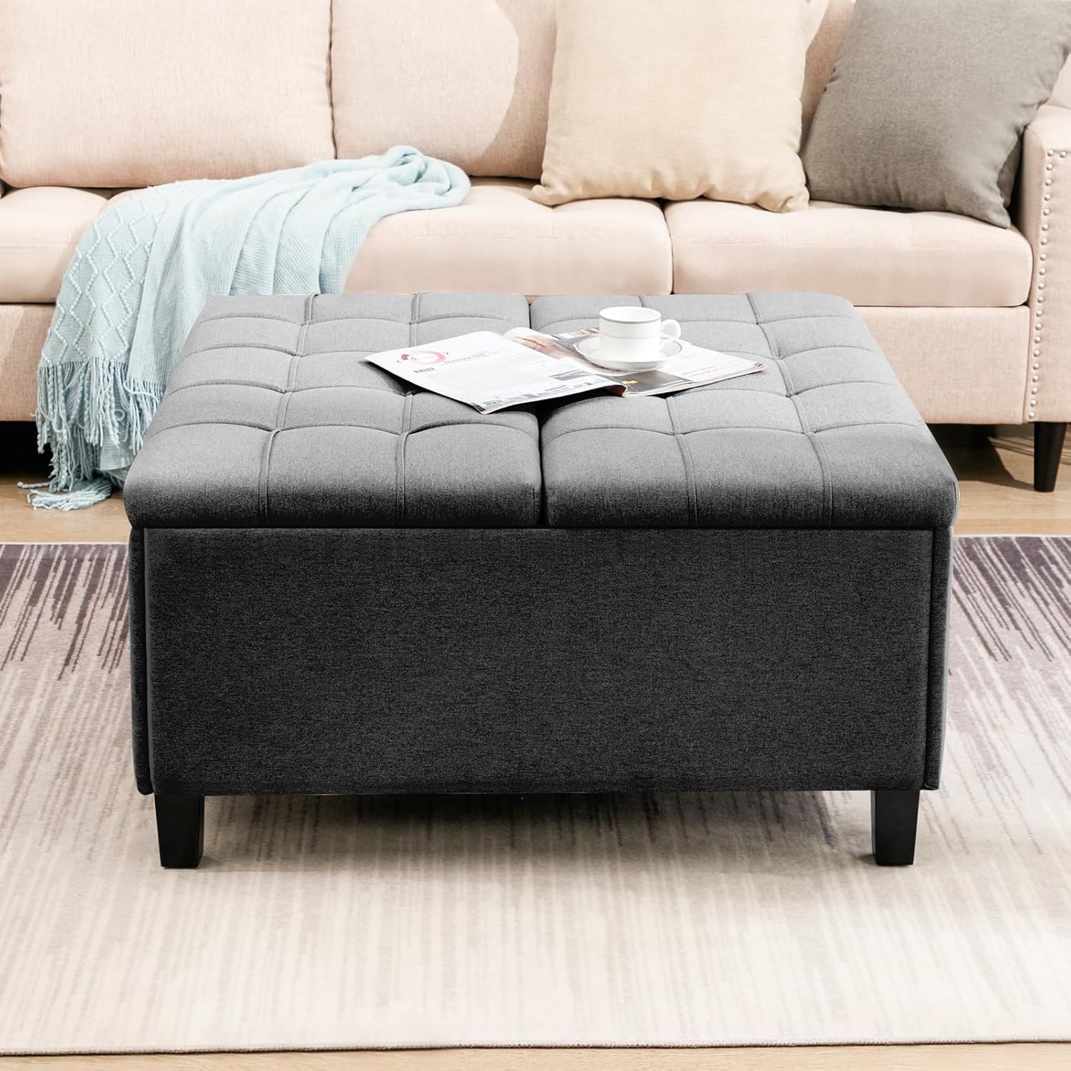 Mesa de centro otomana con elevador, otomana cuadrada con almacenamiento, tela de lino y patas de madera, reposapiés tapizado con asiento acolchado