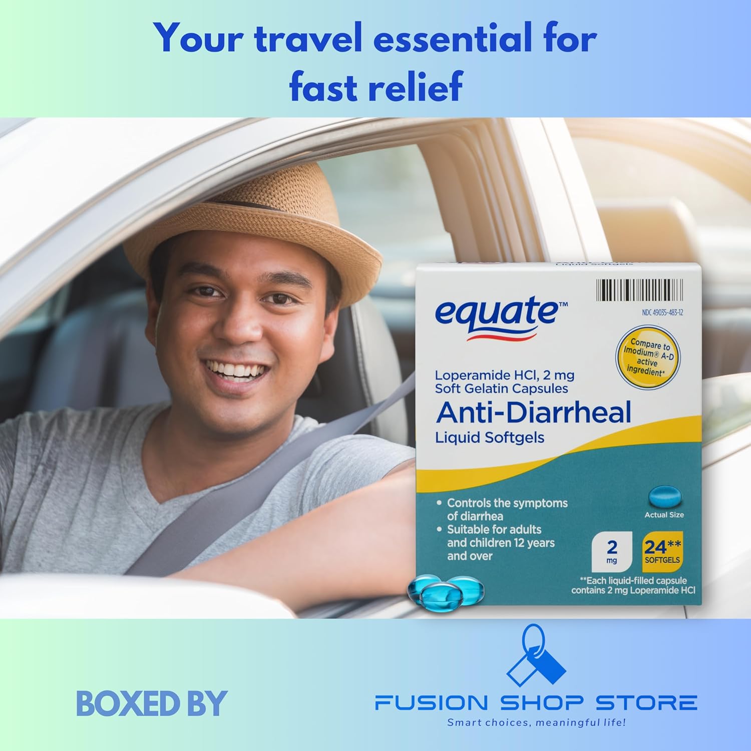 Equate Loperamide Softgels for Diarrea 2 mg, Comparar con Imodium Pills A-D Ingrediente Activo Clorhidrato 2 mg 24 cápsulas (1), Set con Fusion Shop
