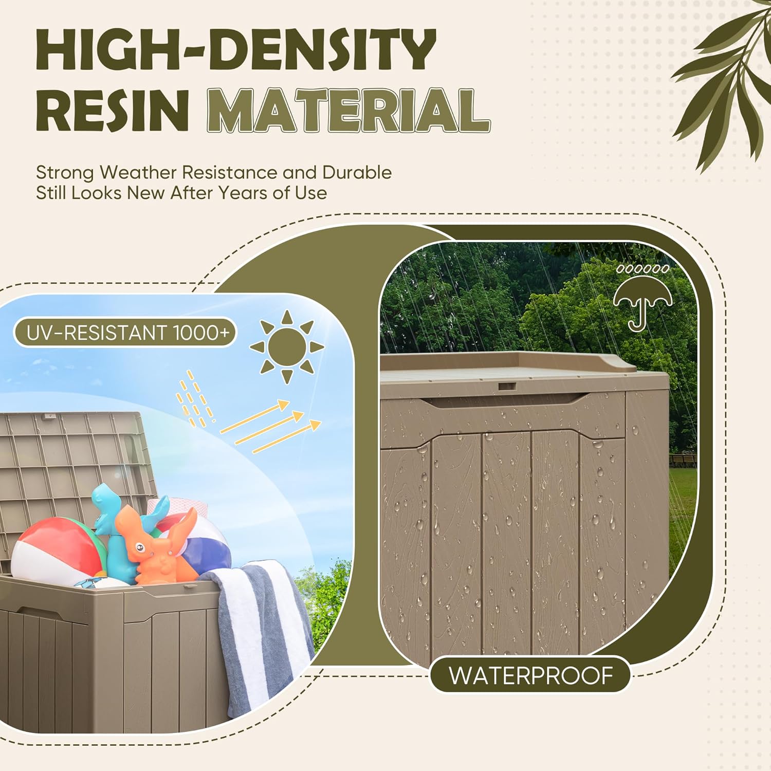 Caja de resina de 31 galones con cerradura, impermeable, para equipos deportivos, juguetes de piscina y cojines de patio, contenedor multifuncional