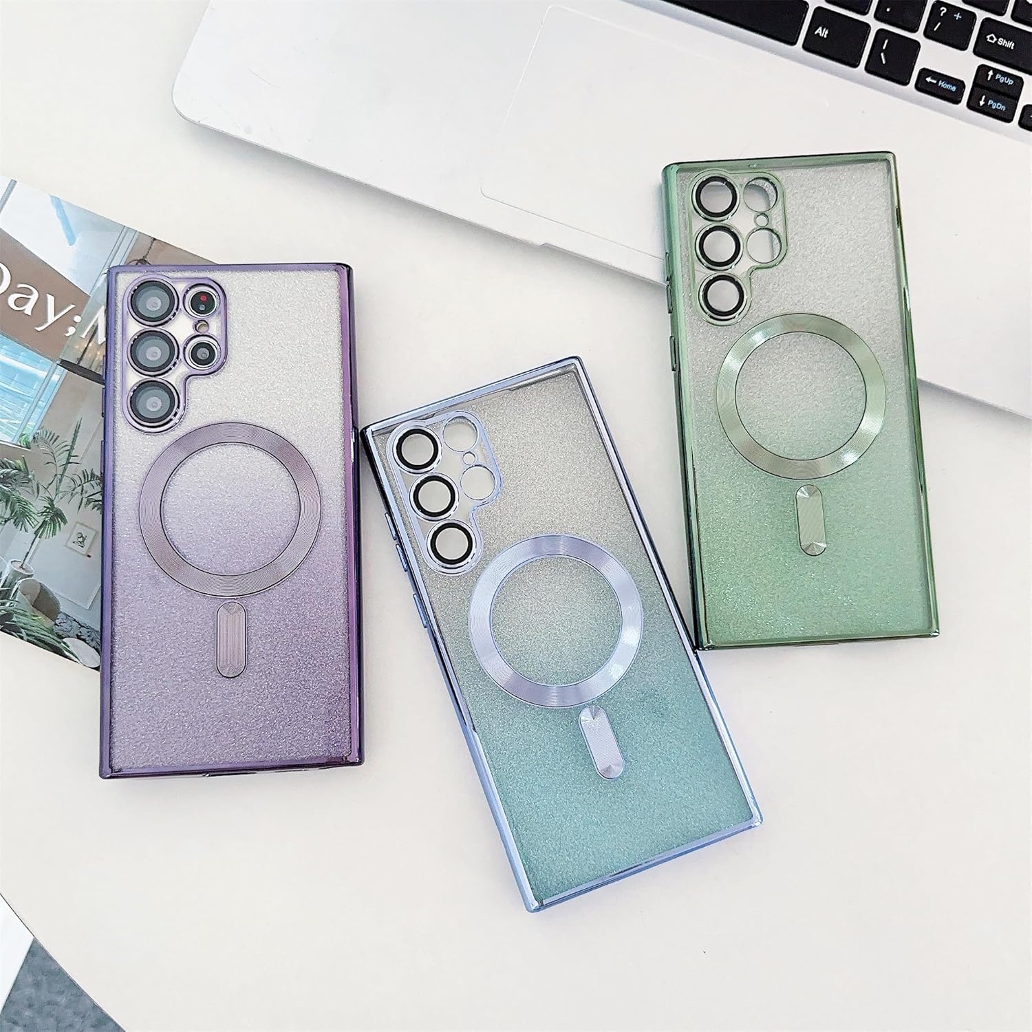 Diseñada para Samsung Galaxy S22 Ultra, funda magnética con purpurina chapada en degradado compatible con MagSafe, con protector de lente de cámara,