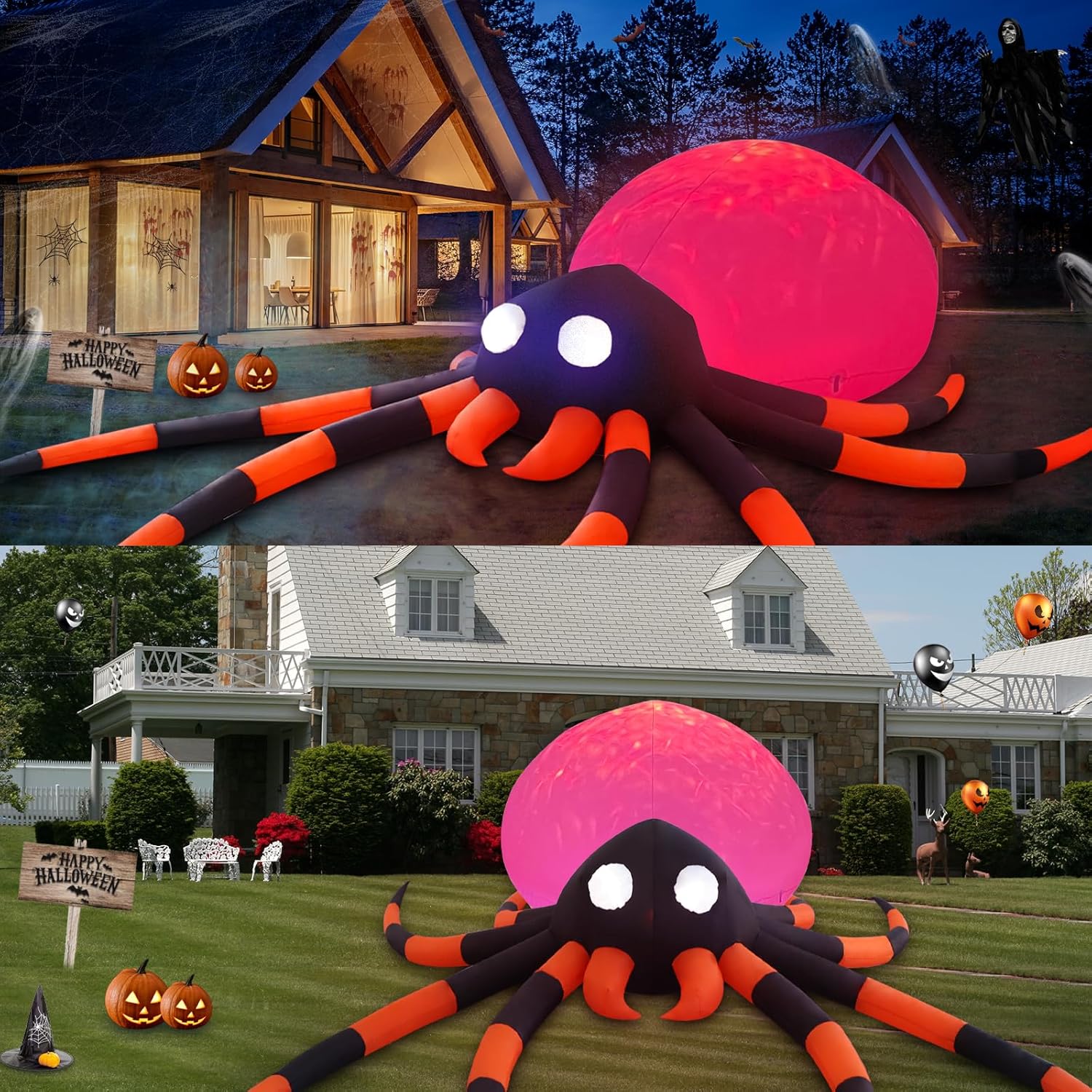 Araña de llama naranja de 12 pies, decoración inflable para exteriores, decoración al aire libre con luces LED, decoración inflable de vacaciones