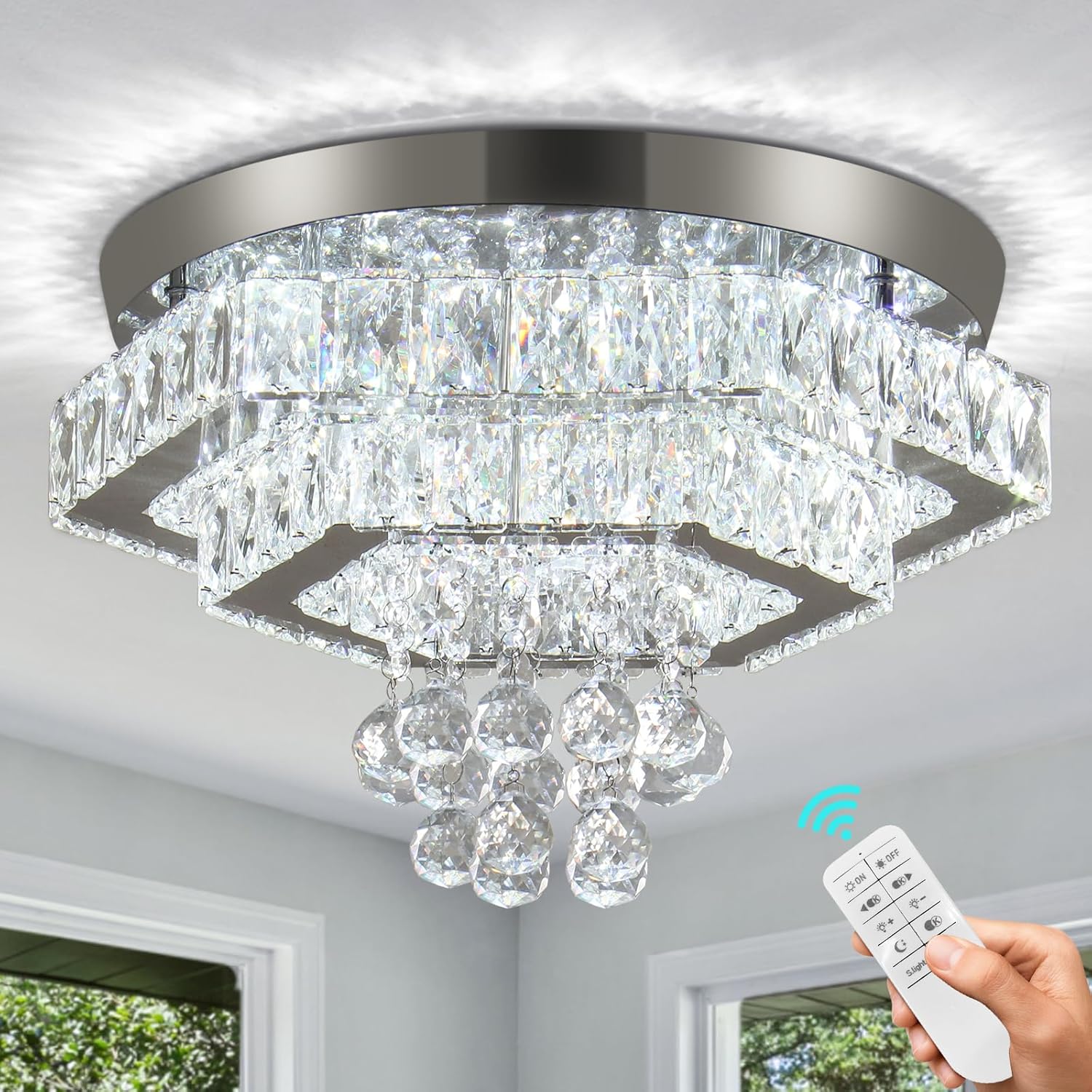 Finktonglan Moderna lámpara de techo LED de cristal regulable de 2 capas de montaje empotrado, lámpara de techo de acero inoxidable para sala de