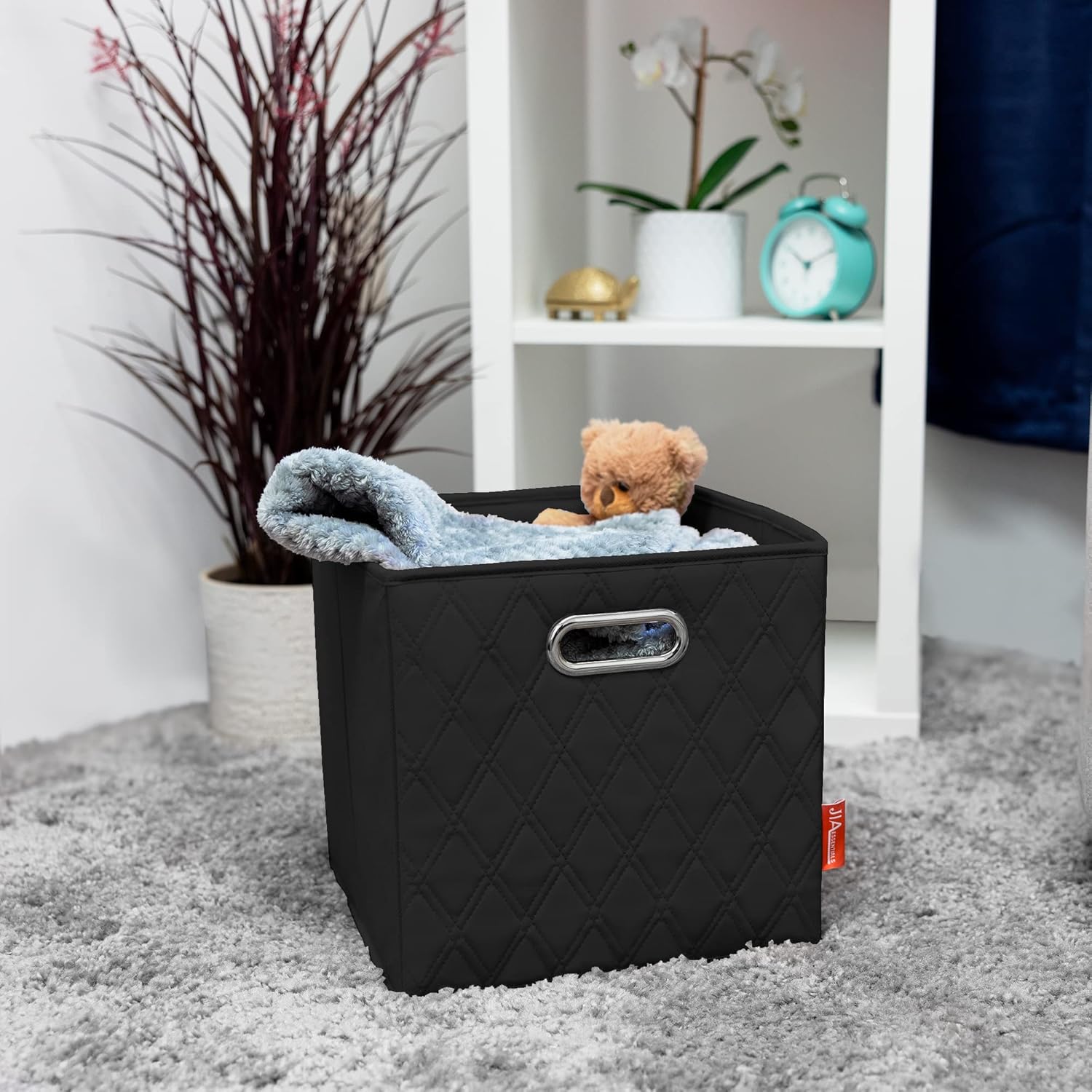 Juego de cuatro cubos de almacenamiento plegables de piel sintética con patrón de diamante negro de 11 pulgadas con asas dobles para sala de estar,