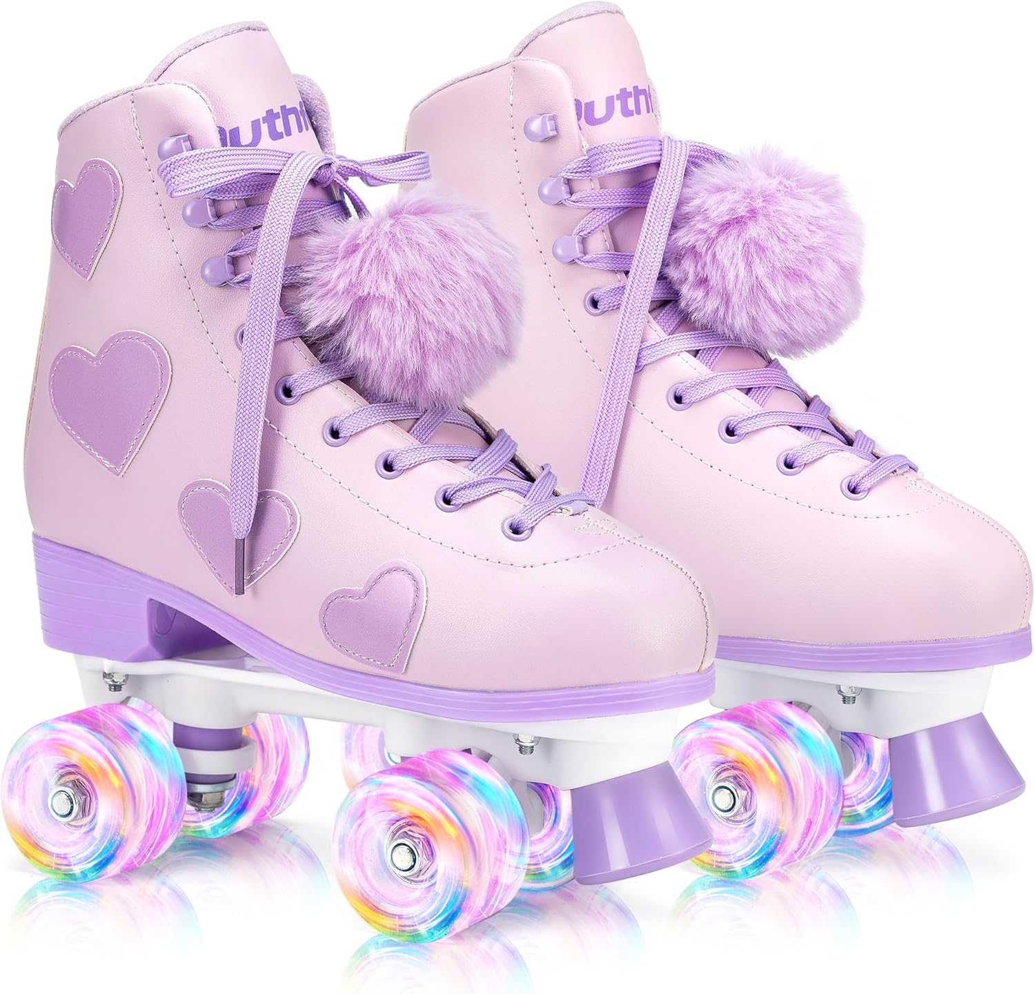 Ruthfot Patines clásicos para mujeres y niñas con ruedas iluminadas y patrón de corazón de amor, patines de piel sintética de alta calidad