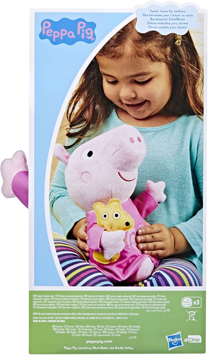 Peppa Pig Peppa’s Bedtime Lullabies – Muñeca de peluche con accesorio de oso de peluche, 3 canciones, 3 frases, a partir de 3 años