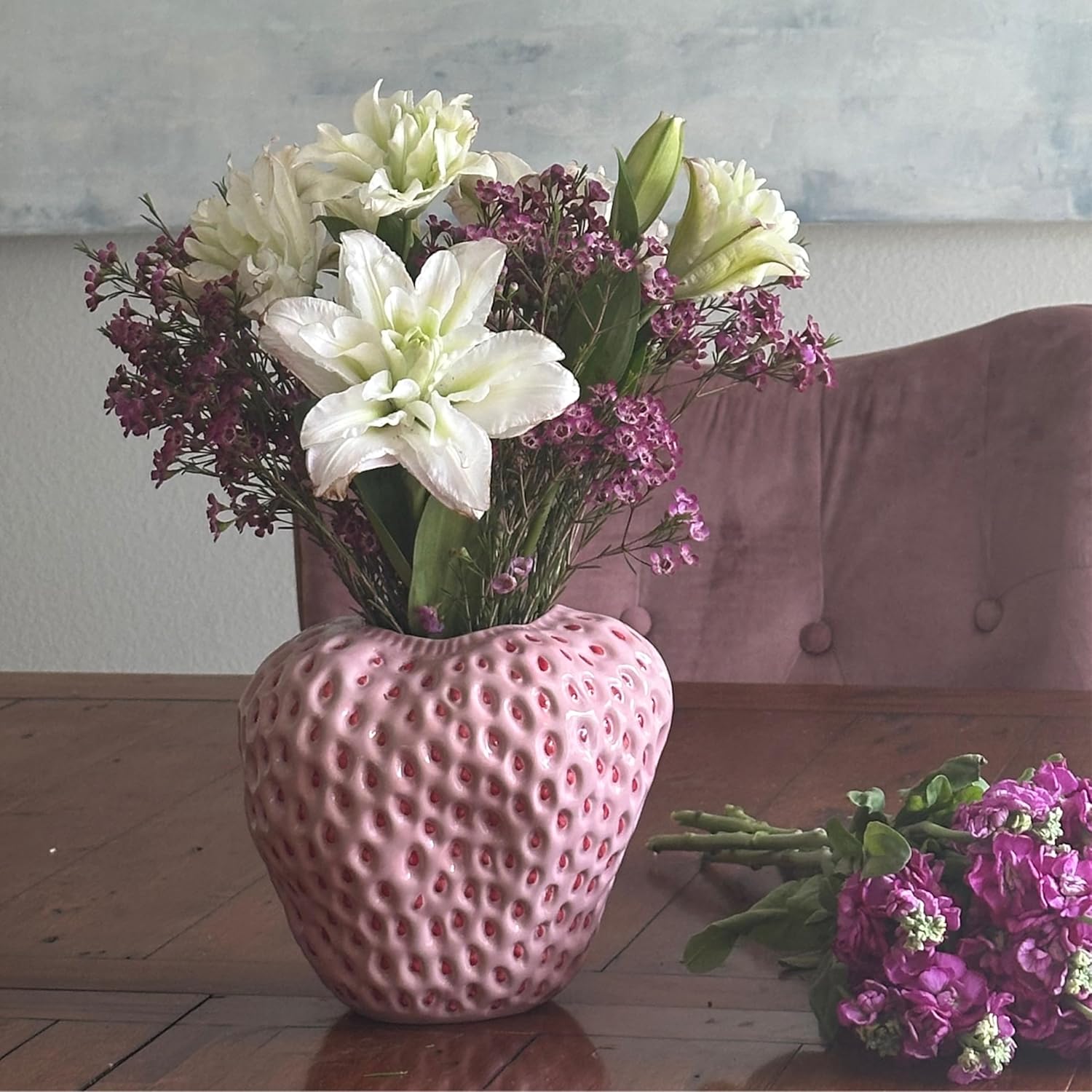 Jarrón de fresa rosa, jarrón único para decoración estética, decoraciones de fresa para cocina, estantería y centro de mesa auxiliar
