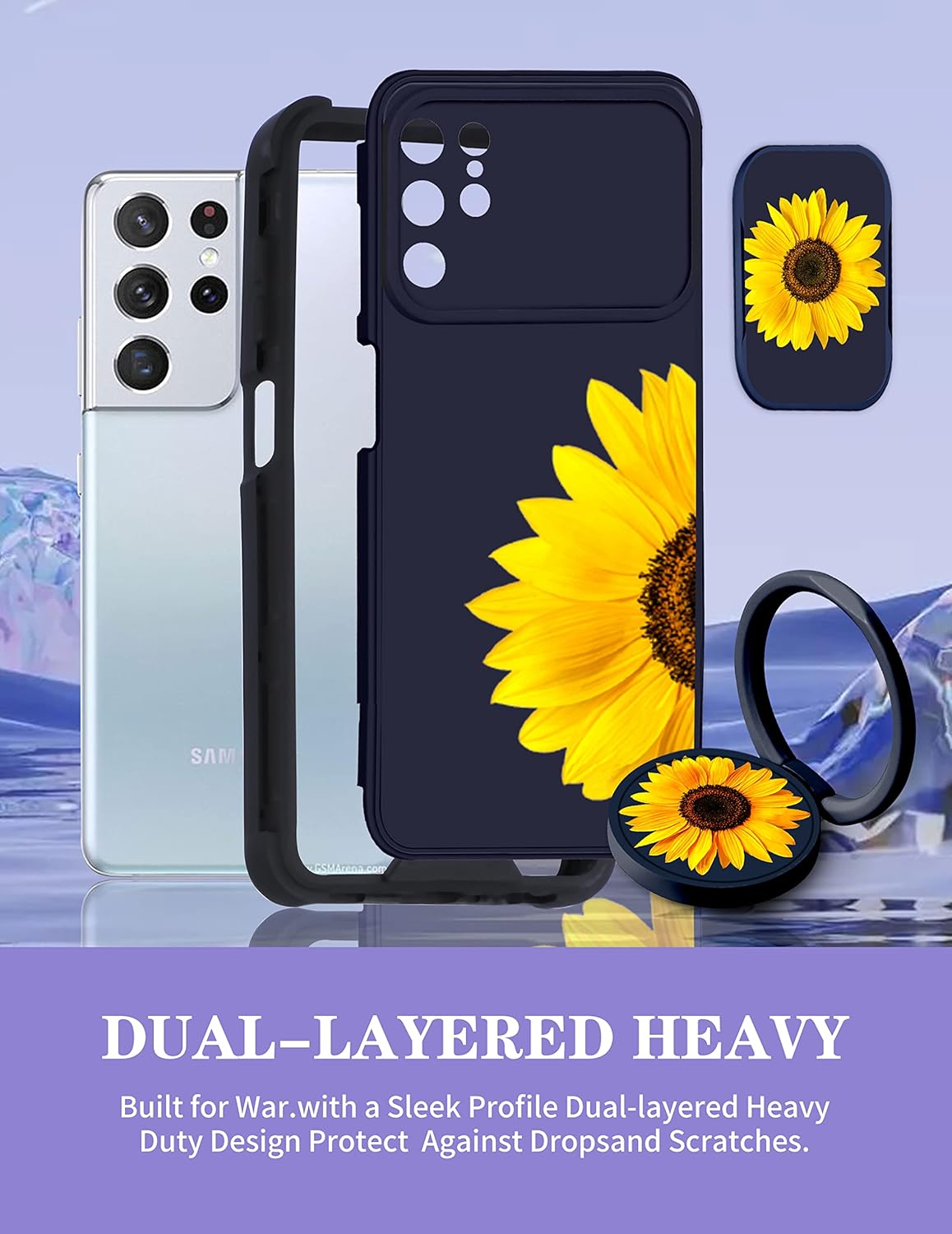 Goocrux Funda 2 en 1 para Samsung Galaxy S21 Ultra con diseño floral de girasol para mujeres y niñas, diseño femenino de flores con cubierta