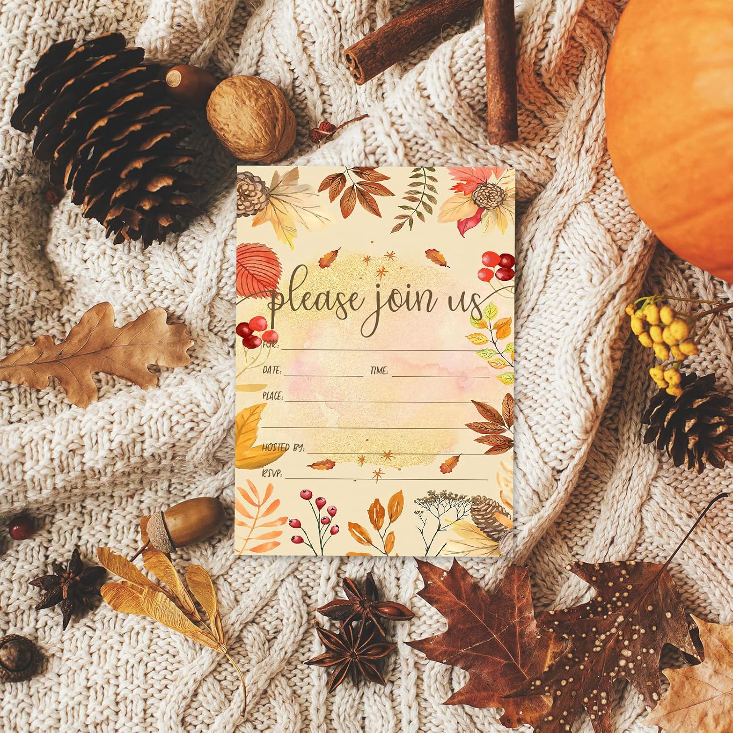 AnyDesign – Invitaciones vintage de otoño, 25 juegos de tarjetas de invitación de otoño con sobres, calcomanías de acuarela botánica en blanco para