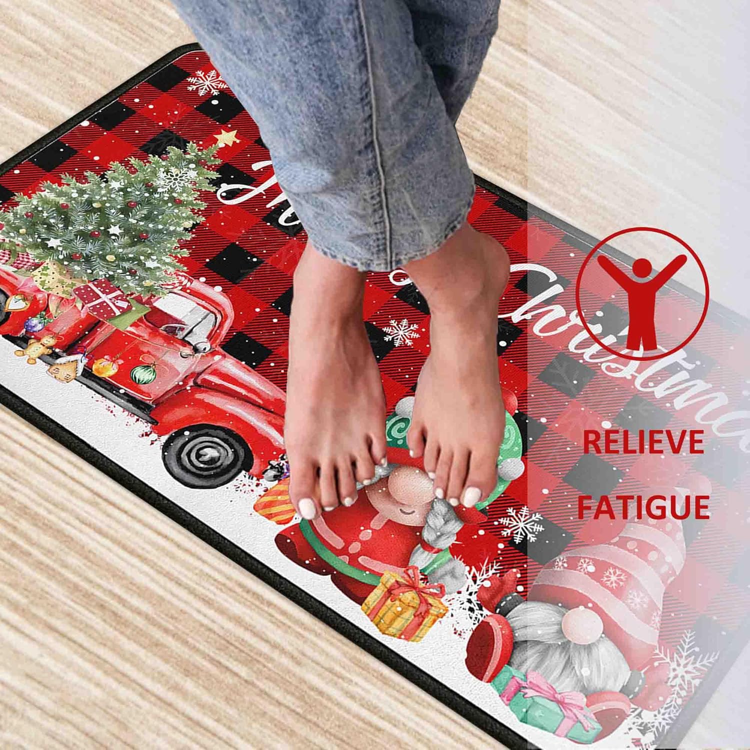 Juego de 2 alfombras y tapetes de cocina de Navidad con diseño de camión rojo a cuadros de búfalo, gnomos de árbol de Navidad, nieve, invierno,