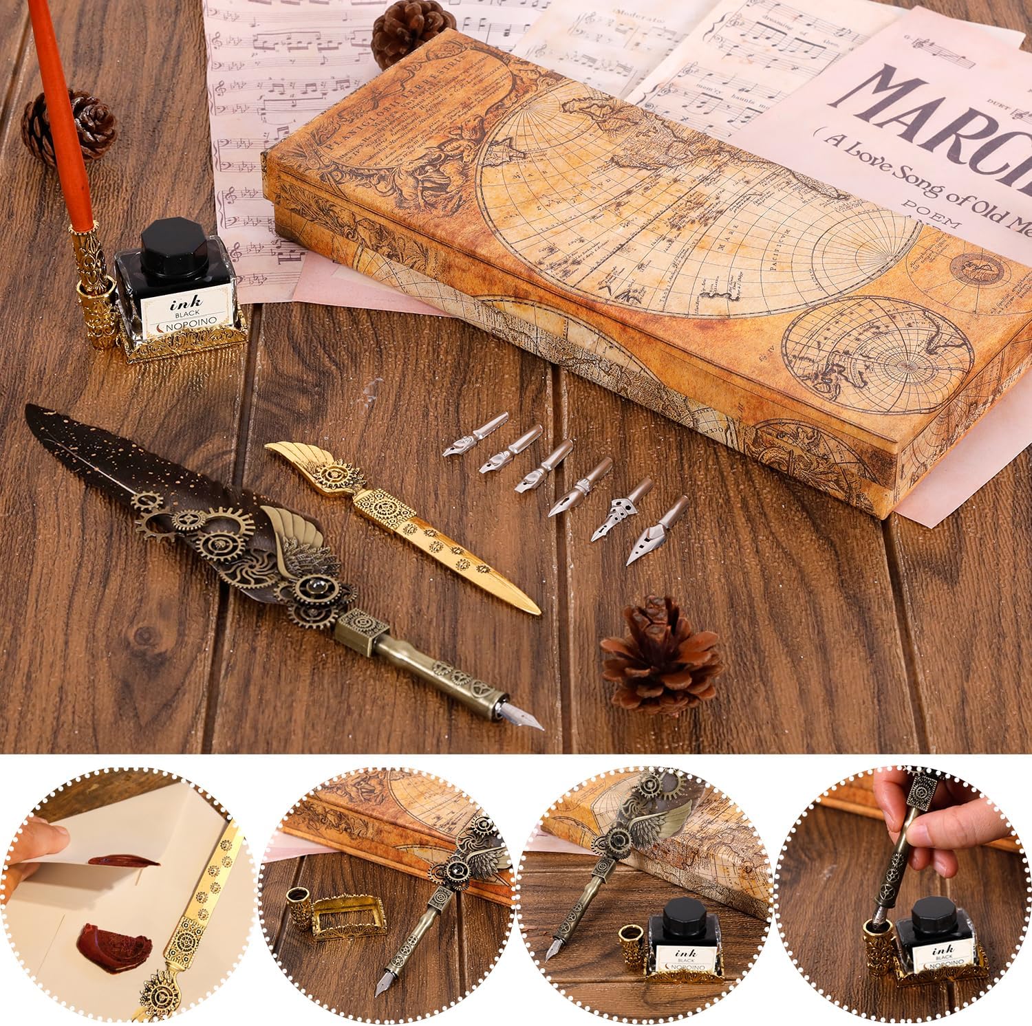 Juego de bolígrafos de caligrafía de pluma  Estilo Steampunk mecánico antiguo  Pluma de diseño mecánico con pluma de inmersión de madera para una