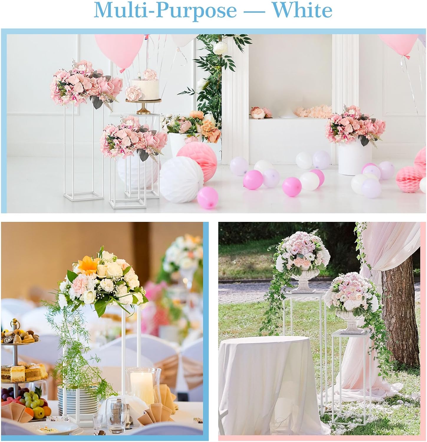 Centro de mesa de boda, jarrón blanco, 2 piezas de 15.7 pulgadas de columna de metal geométrica, soporte de flores blancas para decoración de bodas