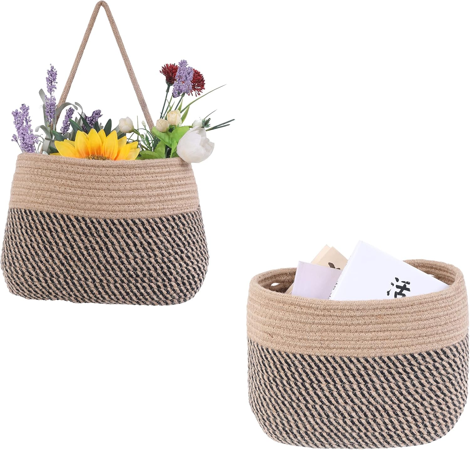 Cesta colgante para colgar sobre la puerta, cesta de pared tejida de cuerda de algodón de 2 niveles, organizador colgante para revistas, cestas de