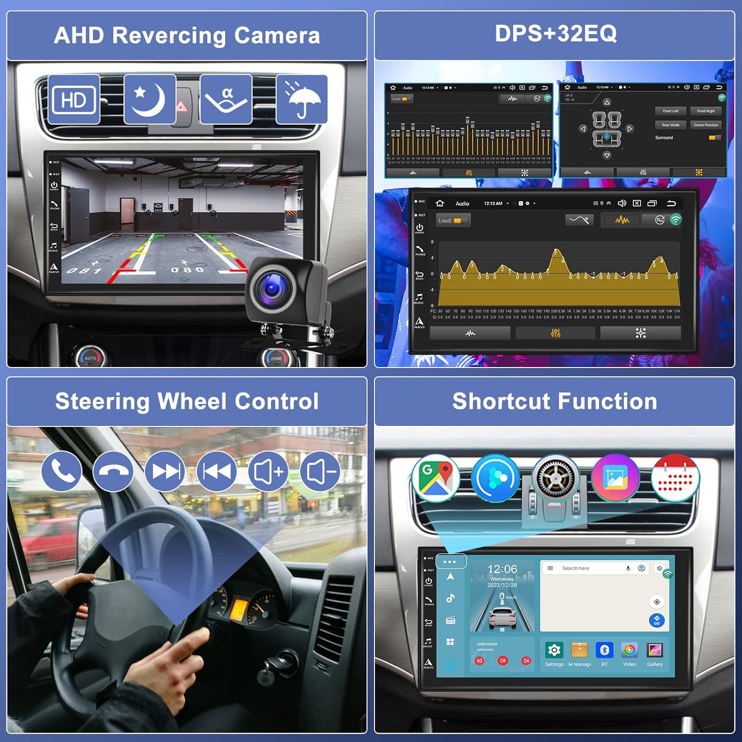 Podofo 8-core 4+64G Android coche estéreo doble DIN Radio con Carplay inalámbricoAndroid Auto 7 pulgadas IPS pantalla táctil Headunit Soporte Espejo