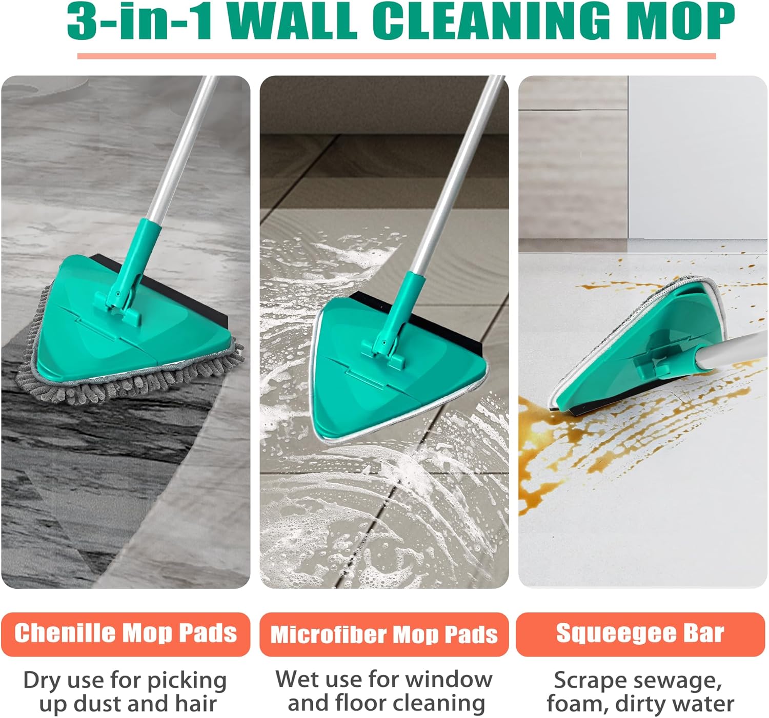 JEHONN Trapeador limpiador de pared con mango largo de 82 pulgadas, herramienta de limpieza de techo 3 en 1 con 6 almohadillas de microfibra de