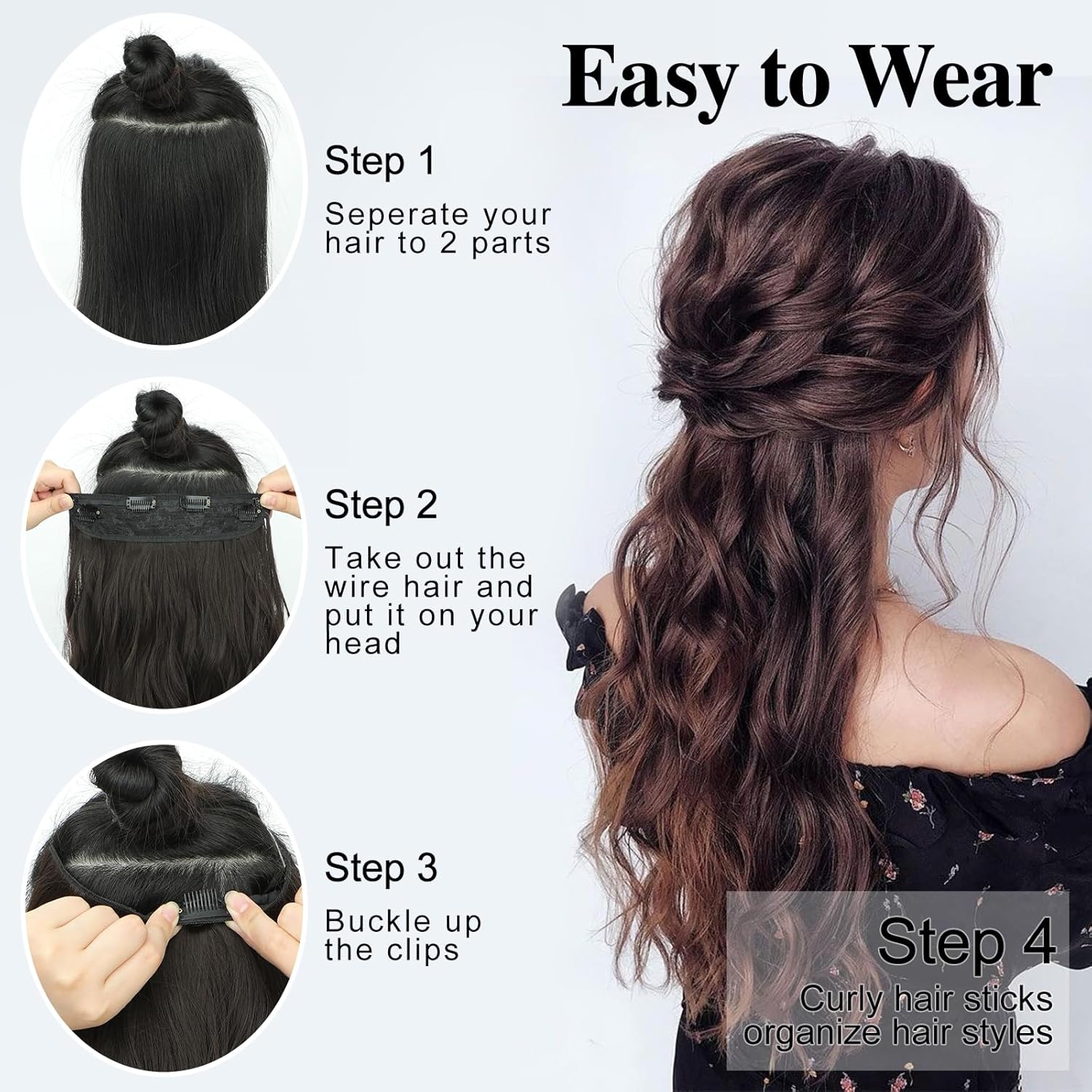 Extensiones de cabello con alambre invisible de 20 pulgadas, extensiones sintéticas de alambre transparente ajustable, 4 extensiones de cabello