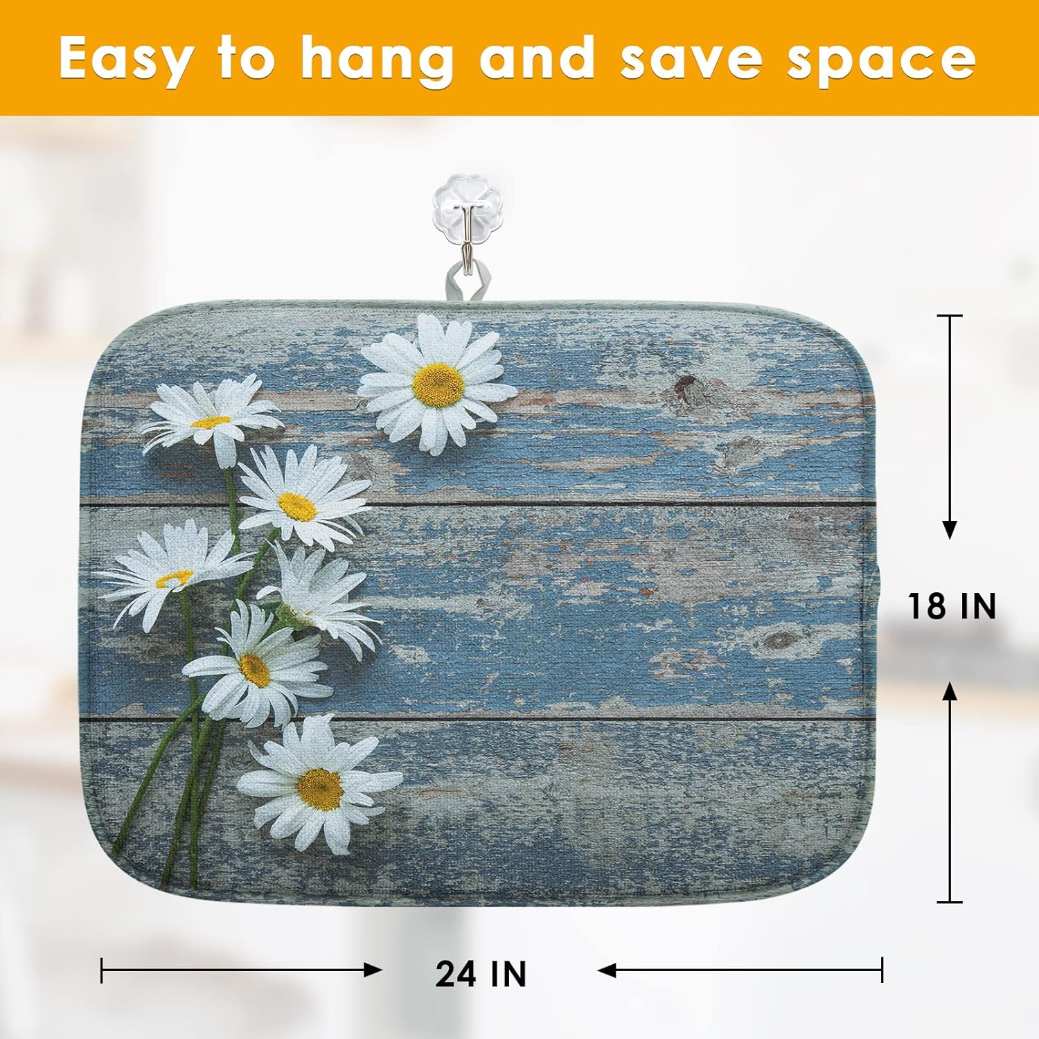Tapete absorbente para secar platos, almohadilla de microfibra de madera de madera con margaritas de verano para encimera de cocina, decoración de