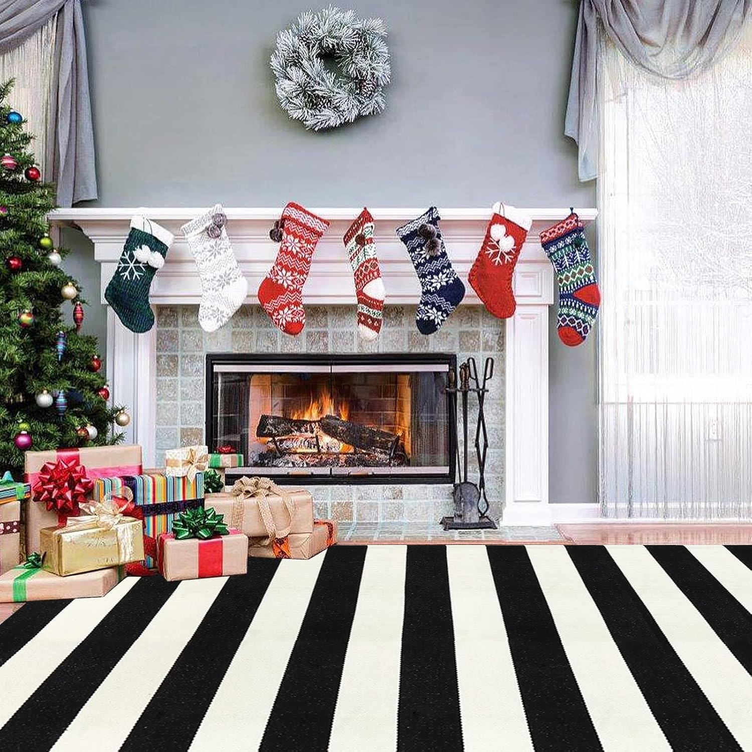 KIMODE – Alfombra de algodón tejida con diseño a rayas en color negro, para puerta de entrada, cocina, decoración de estilo rústico