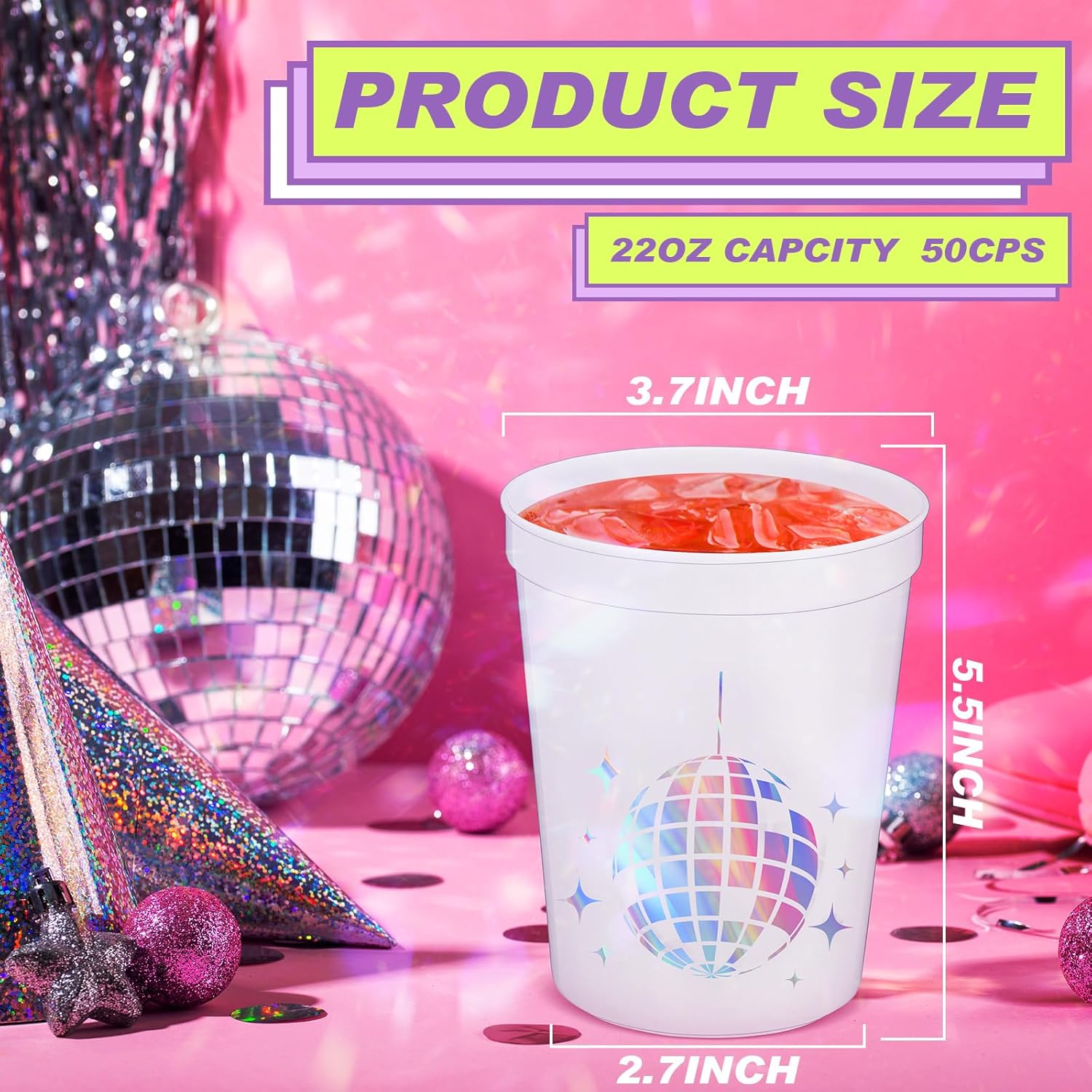 Tioncy 50 piezas de 16 onzas de suministros de fiesta de discoteca tazas de bola de discoteca reutilizables tazas de discoteca tazas de disco de los
