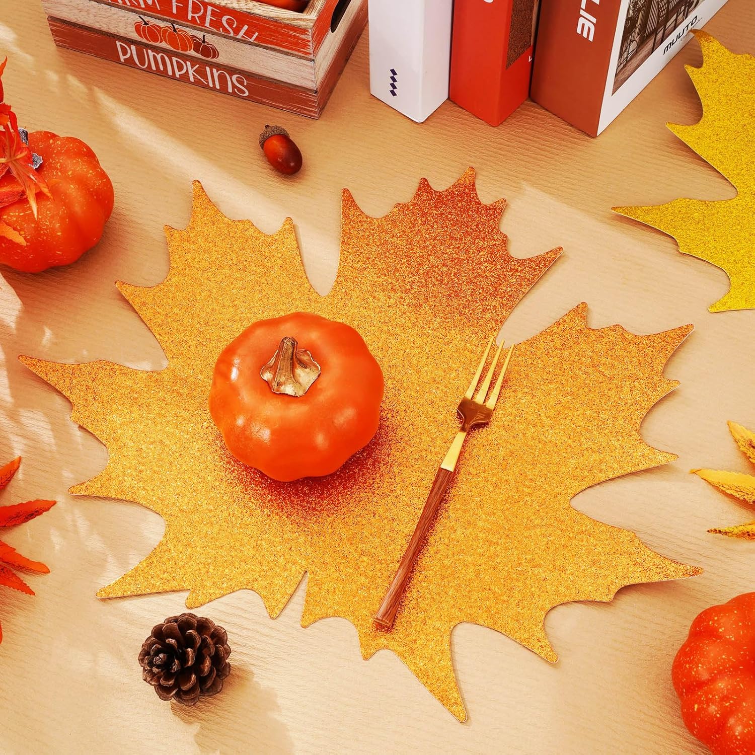 AnyDesign 60 manteles individuales de papel de hoja de arce otoñal, desechables, con purpurina, decorativos, coloridos, hojas de otoño, cosecha,