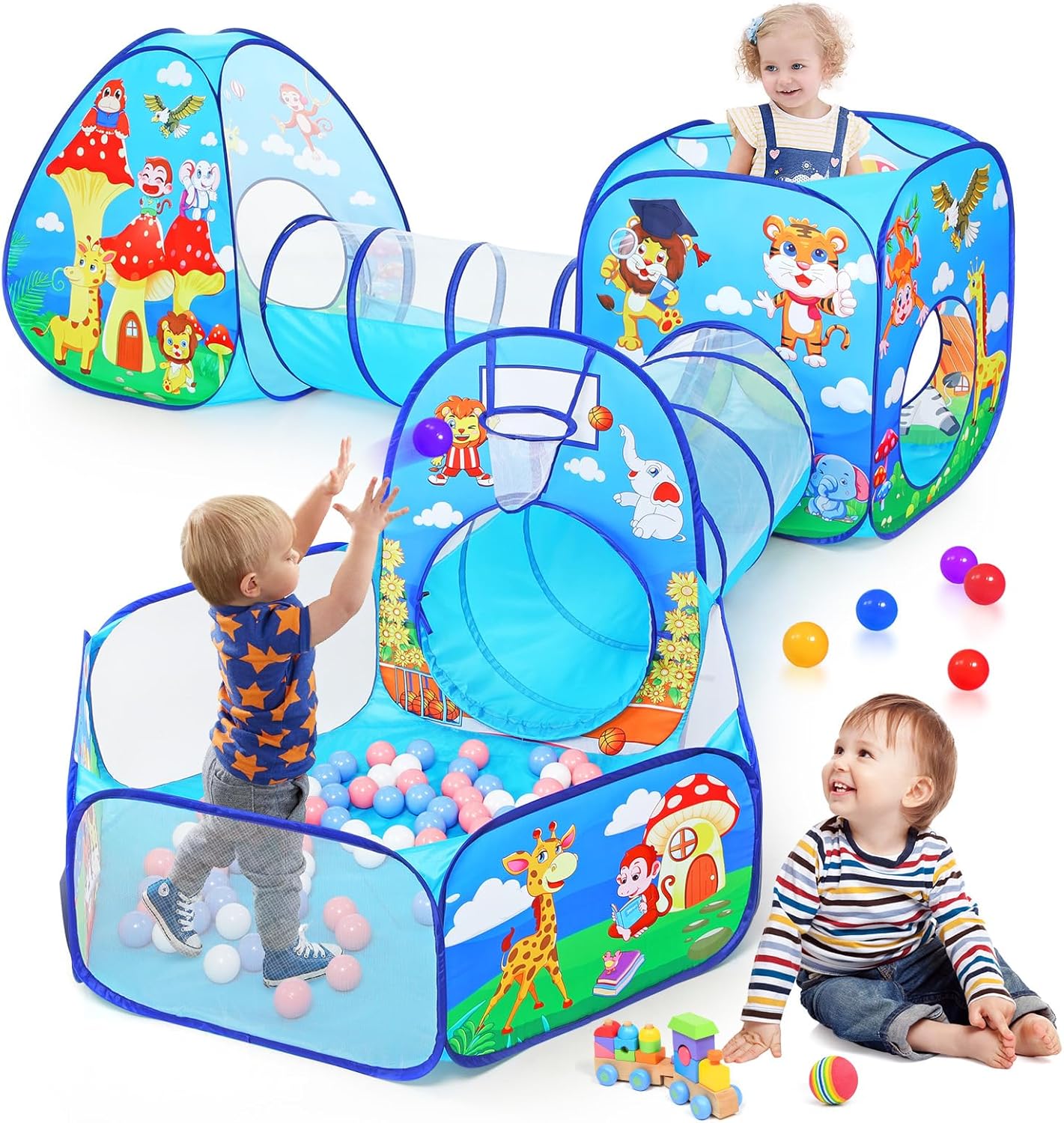 Tienda de campaña de juego para niños pequeños de 5 piezas con 1 hoyo de pelotas de bebé, 2 túneles de gateo para bebés, 2 tiendas de campaña