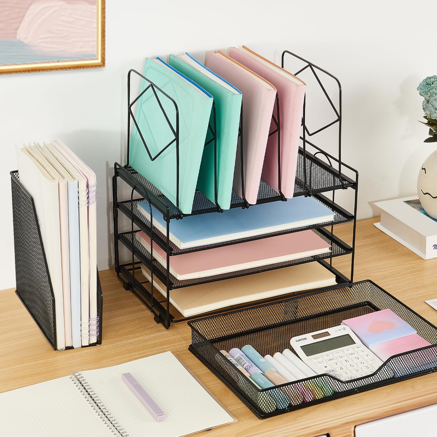 Spacrea Desk Organizers and Accessories, 4-Tier Letter Trays Paper Organizer with File Holder and Drawer, File Organizer for Home Office Supplies