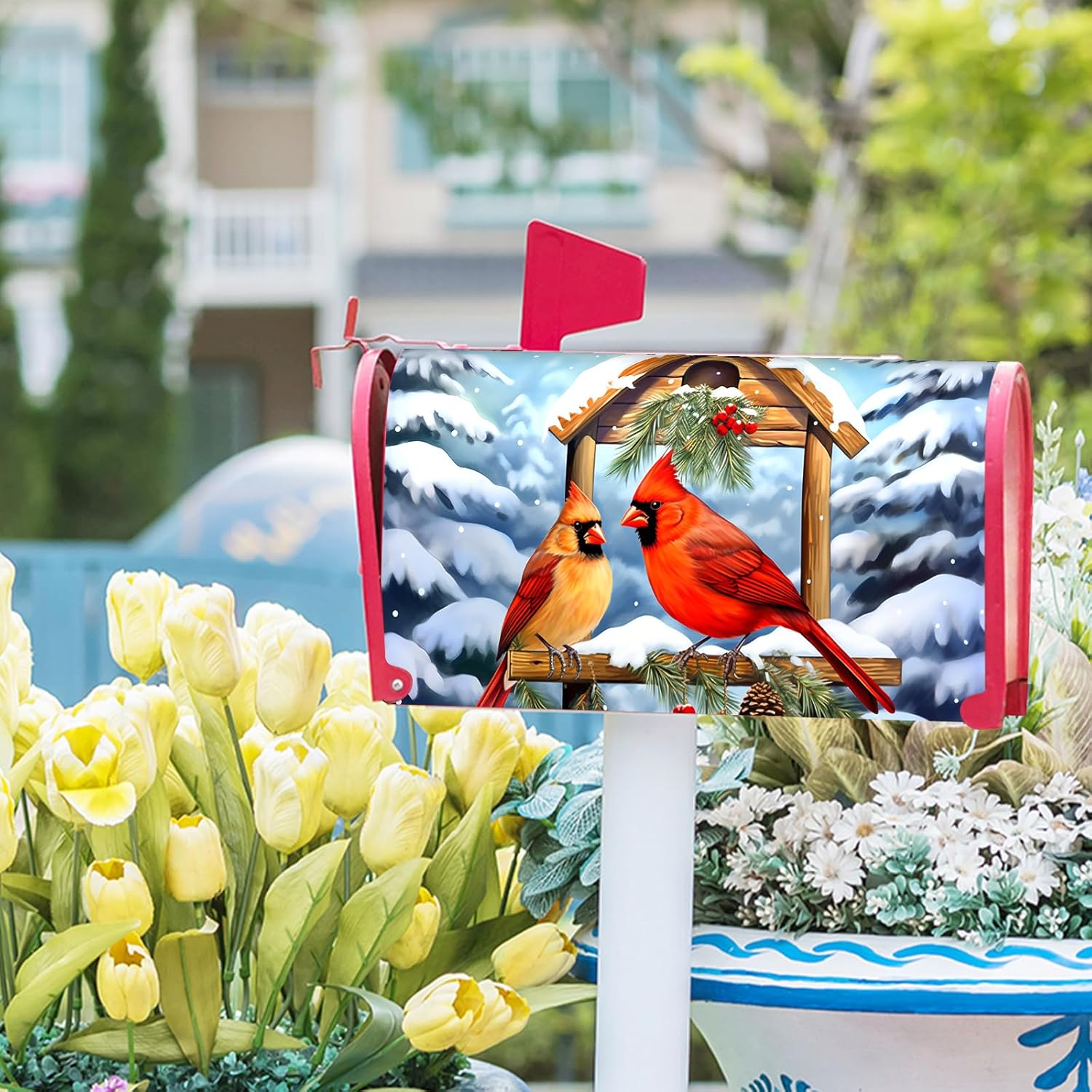 Funda magnética para buzón de pájaros cardenales de invierno, tamaño estándar, 25.5 x 21 pulgadas, diseño de pájaro rojo de Navidad, para buzón,