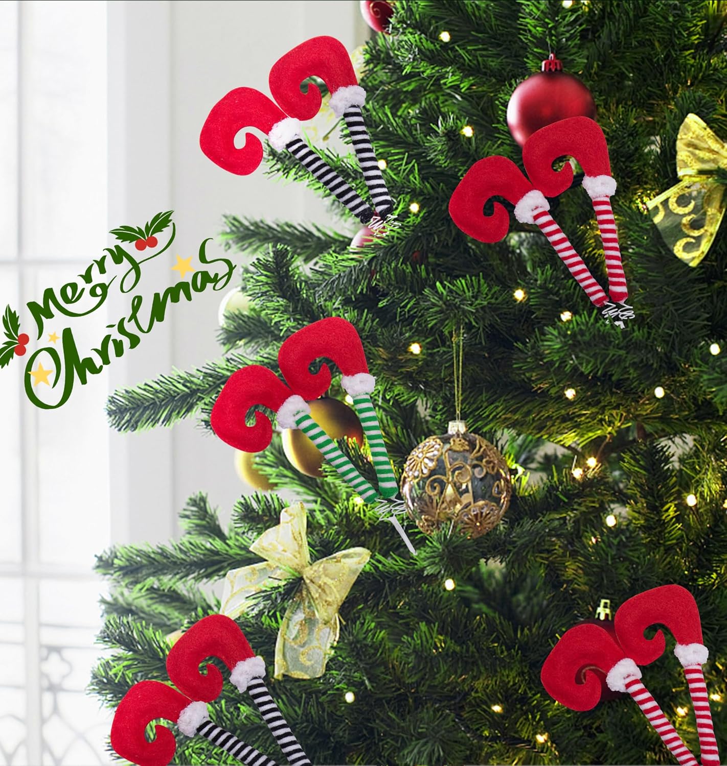 6 púas de patas de elfo de Navidad, adornos de árbol de pies de elfo de 13 pulgadas con alambre fijo, púas de felpa a rayas para patas de elfo para