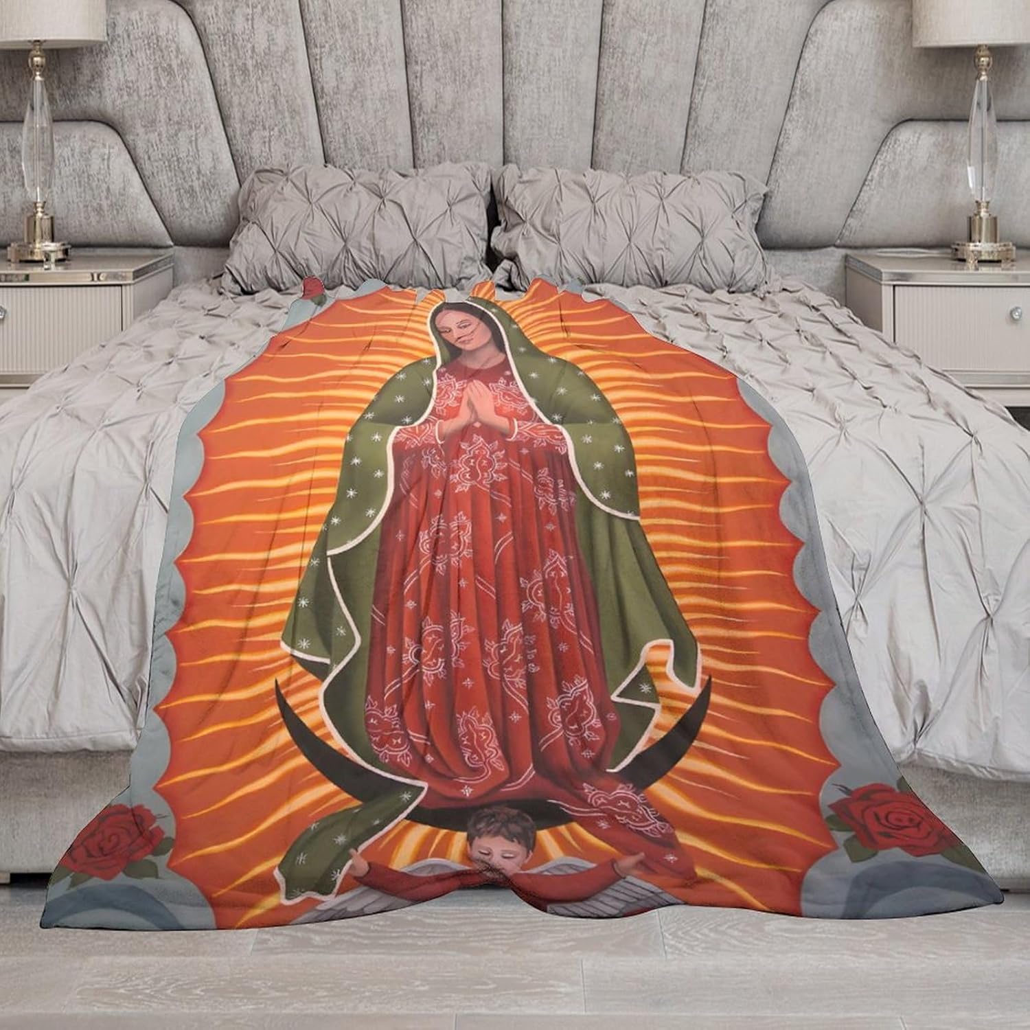 Nuestra Señora de Guadalupe Virgen María – Manta de Navidad suave y acogedora con pelusa de ángel, manta cálida para sofácama, manta de poliéster